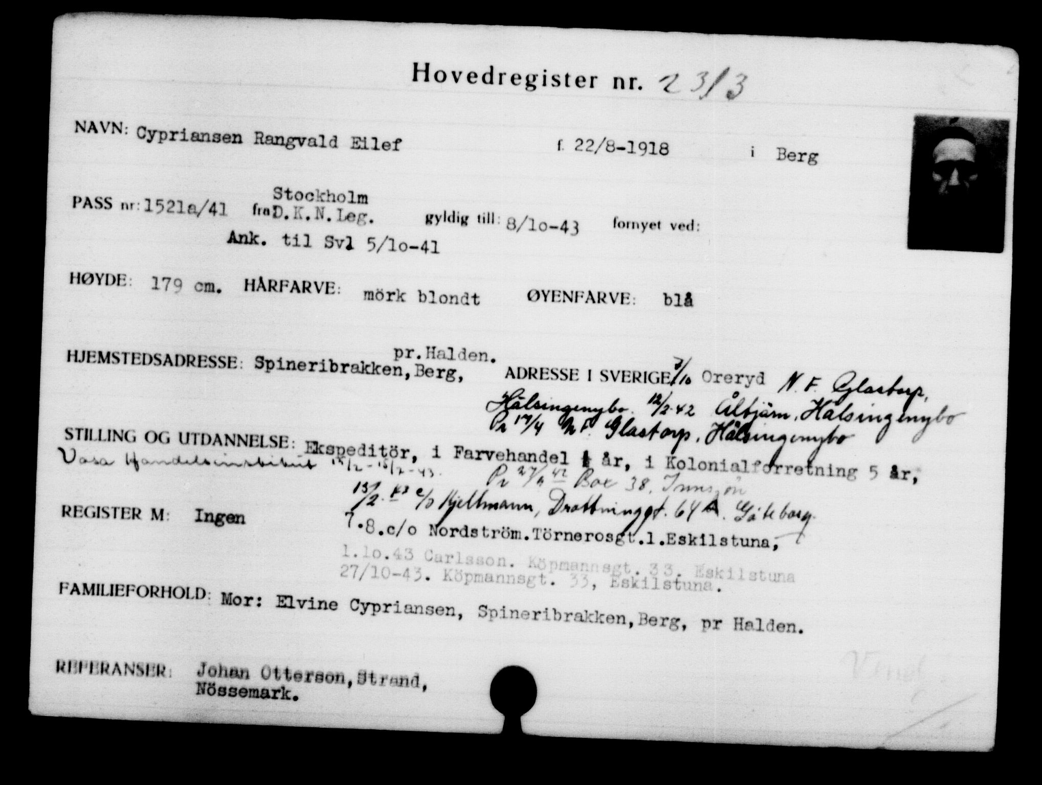 Utenriksstasjonene, Legasjonen i Stockholm, Flyktningkontoret, AV/RA-S-6753/V/Va/L0003: Kjesäterkartoteket, flyktninger med registreringsnr. 2001-3495, 1940-1945, s. 442