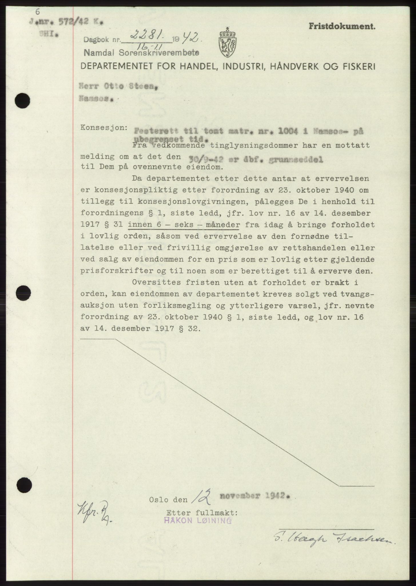 Namdal sorenskriveri, SAT/A-4133/1/2/2C: Pantebok nr. -, 1942-1943, Dagboknr: 2281/1942