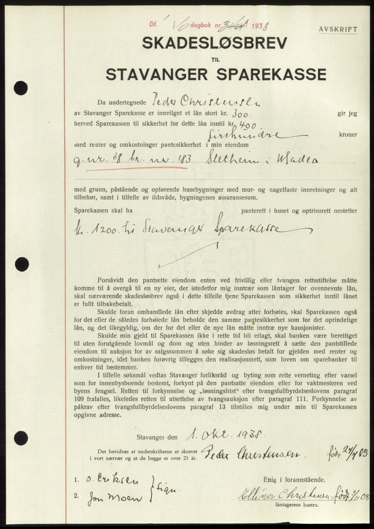 Jæren sorenskriveri, SAST/A-100310/03/G/Gba/L0072: Pantebok, 1938-1938, Dagboknr: 3464/1938