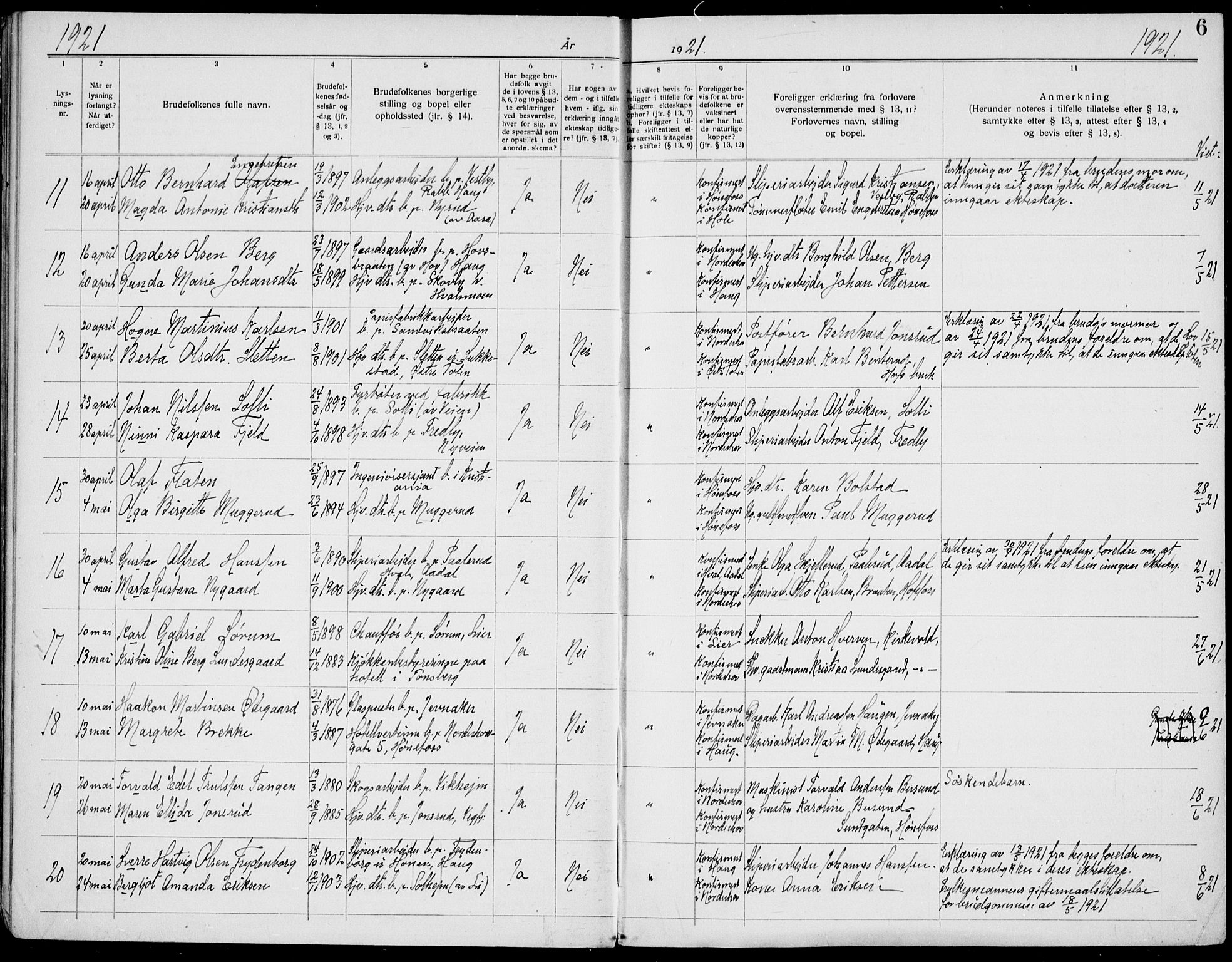 Norderhov kirkebøker, AV/SAKO-A-237/H/Ha/L0004: Lysningsprotokoll nr. 4, 1920-1938, s. 6