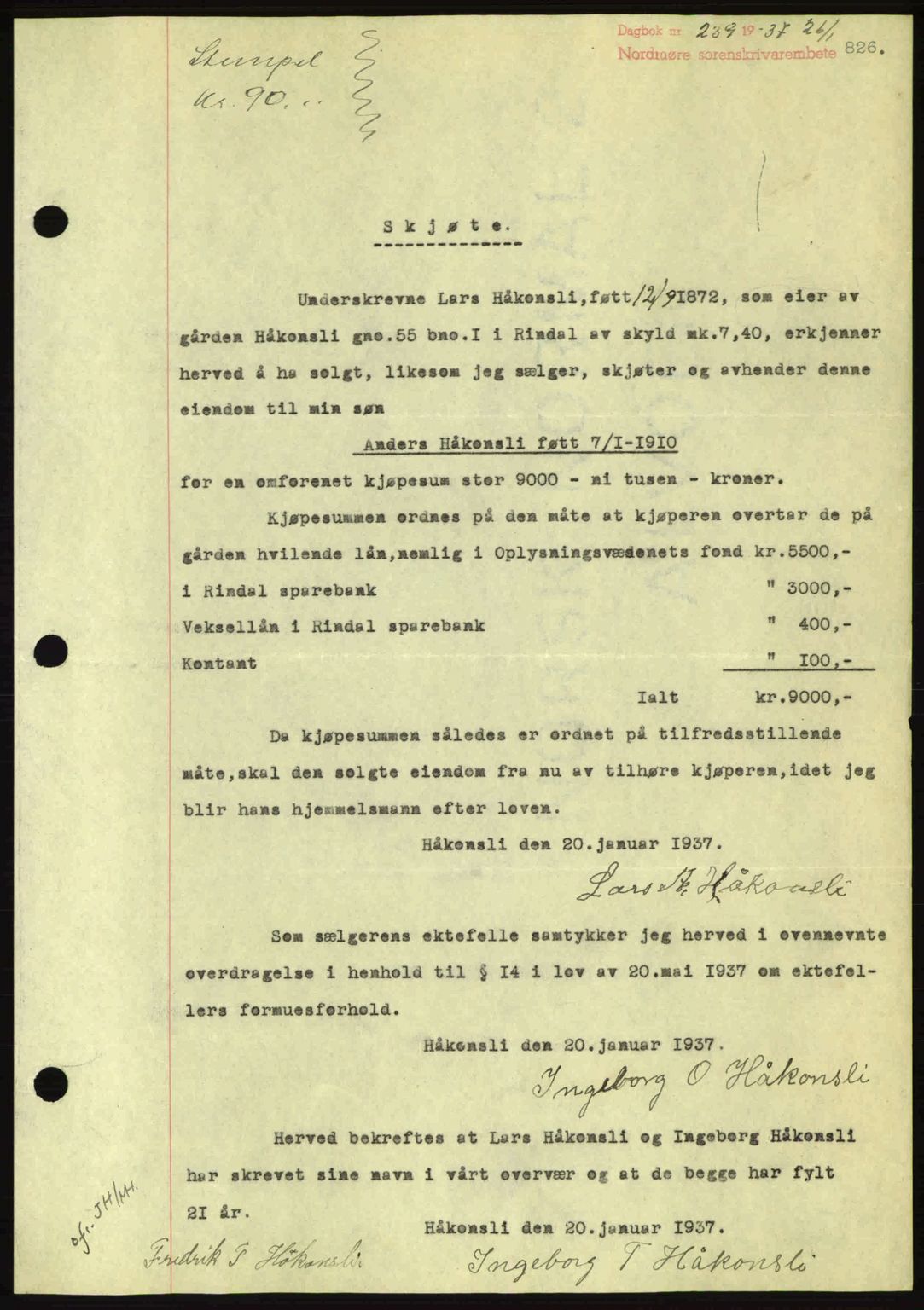 Nordmøre sorenskriveri, SAT/A-4132/1/2/2Ca: Pantebok nr. A80, 1936-1937, Dagboknr: 239/1937