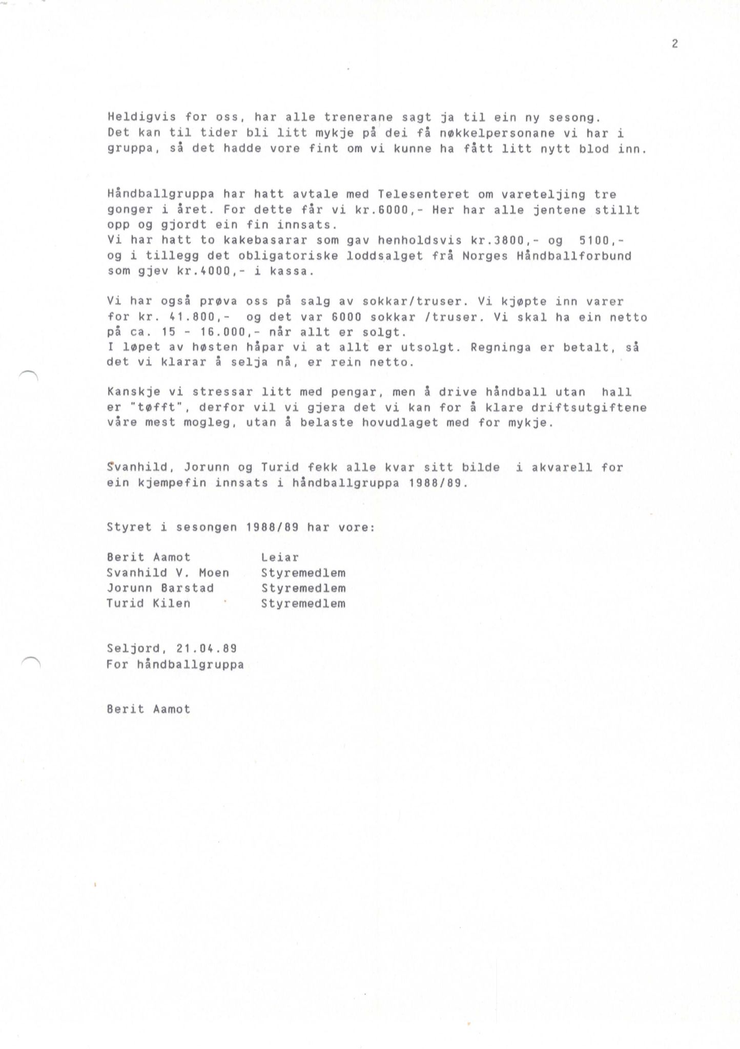 Seljord Idrettslag, VTM/A-1034/A/Ab/L0001: Årsmeldingar, 1989