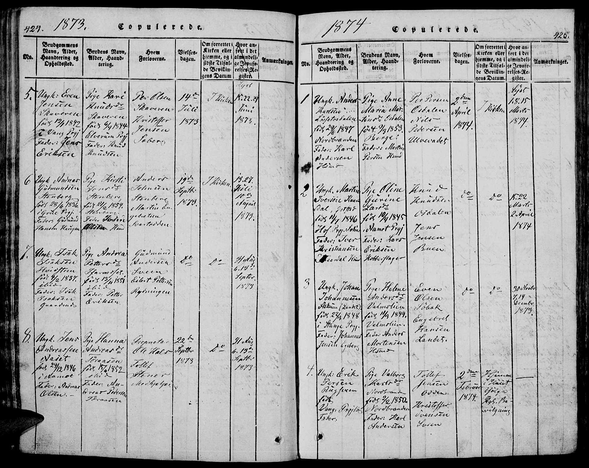 Trysil prestekontor, SAH/PREST-046/H/Ha/Hab/L0005: Klokkerbok nr. 5, 1814-1877, s. 424-425