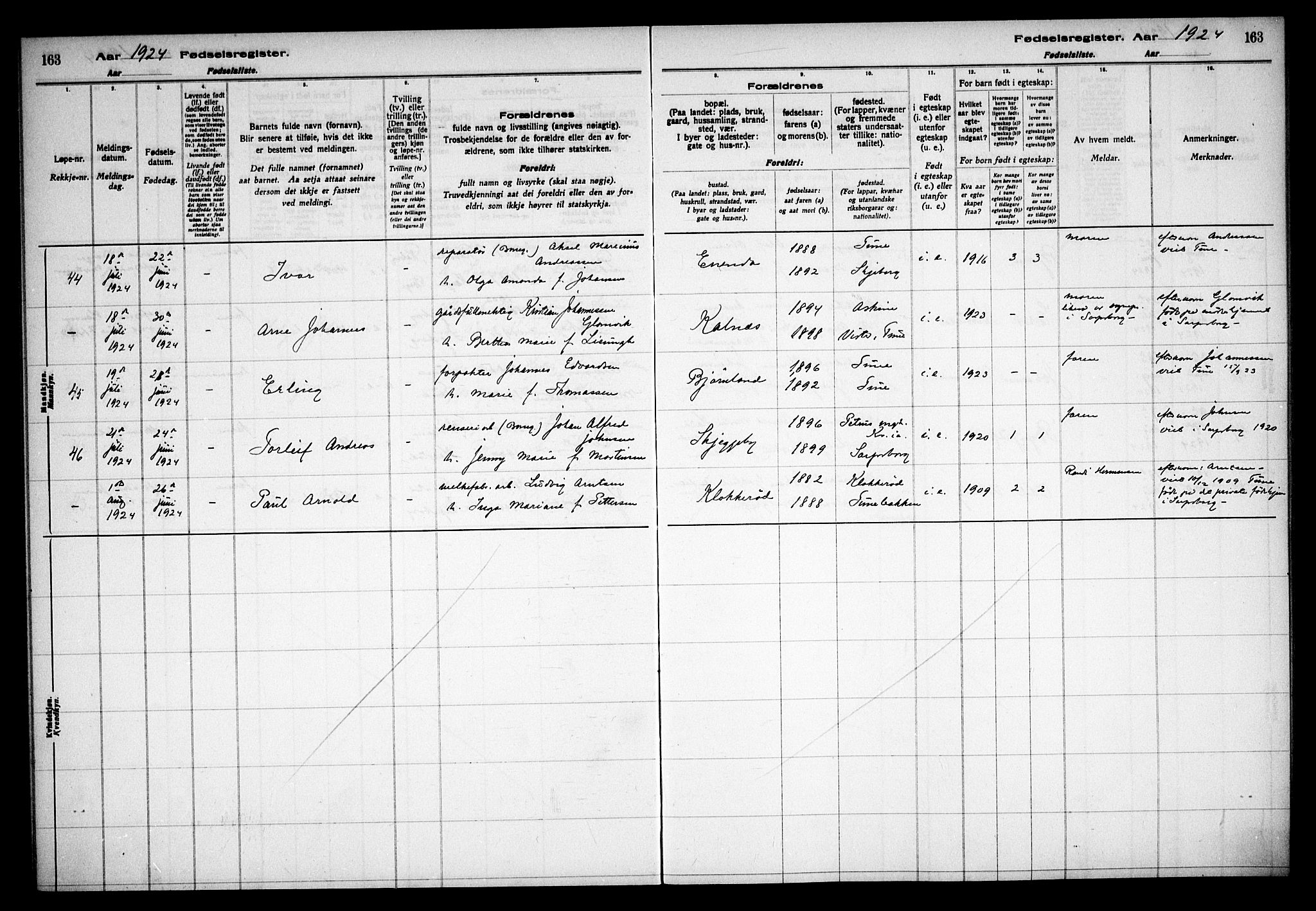 Tune prestekontor Kirkebøker, AV/SAO-A-2007/J/Ja/L0001: Fødselsregister nr. I 1, 1916-1928, s. 163