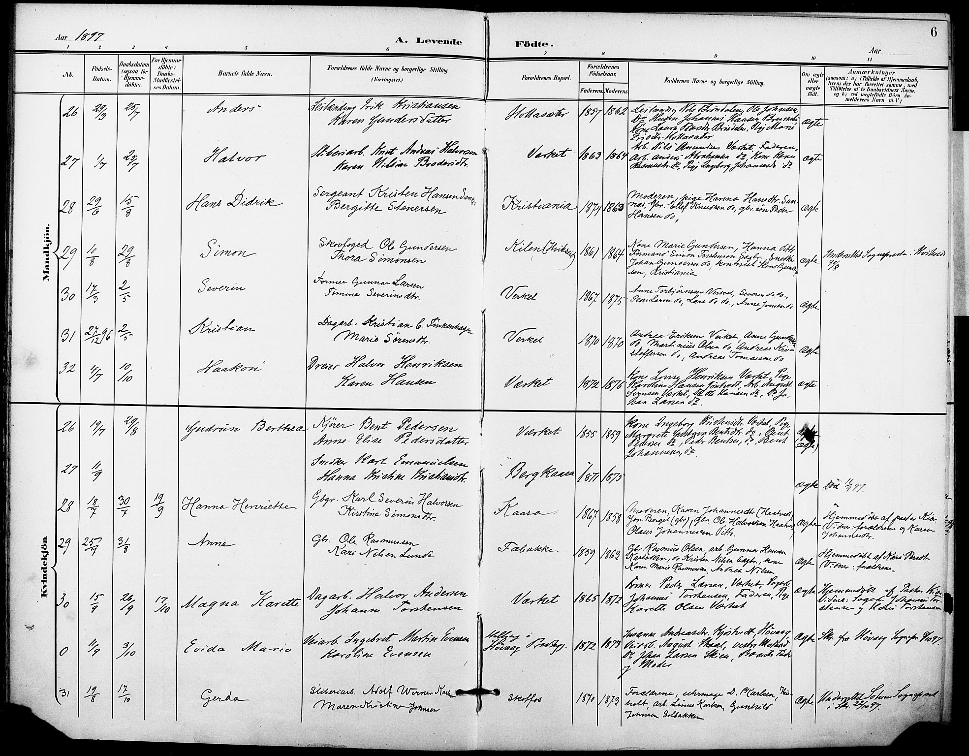 Holla kirkebøker, AV/SAKO-A-272/F/Fa/L0010: Ministerialbok nr. 10, 1897-1907, s. 6