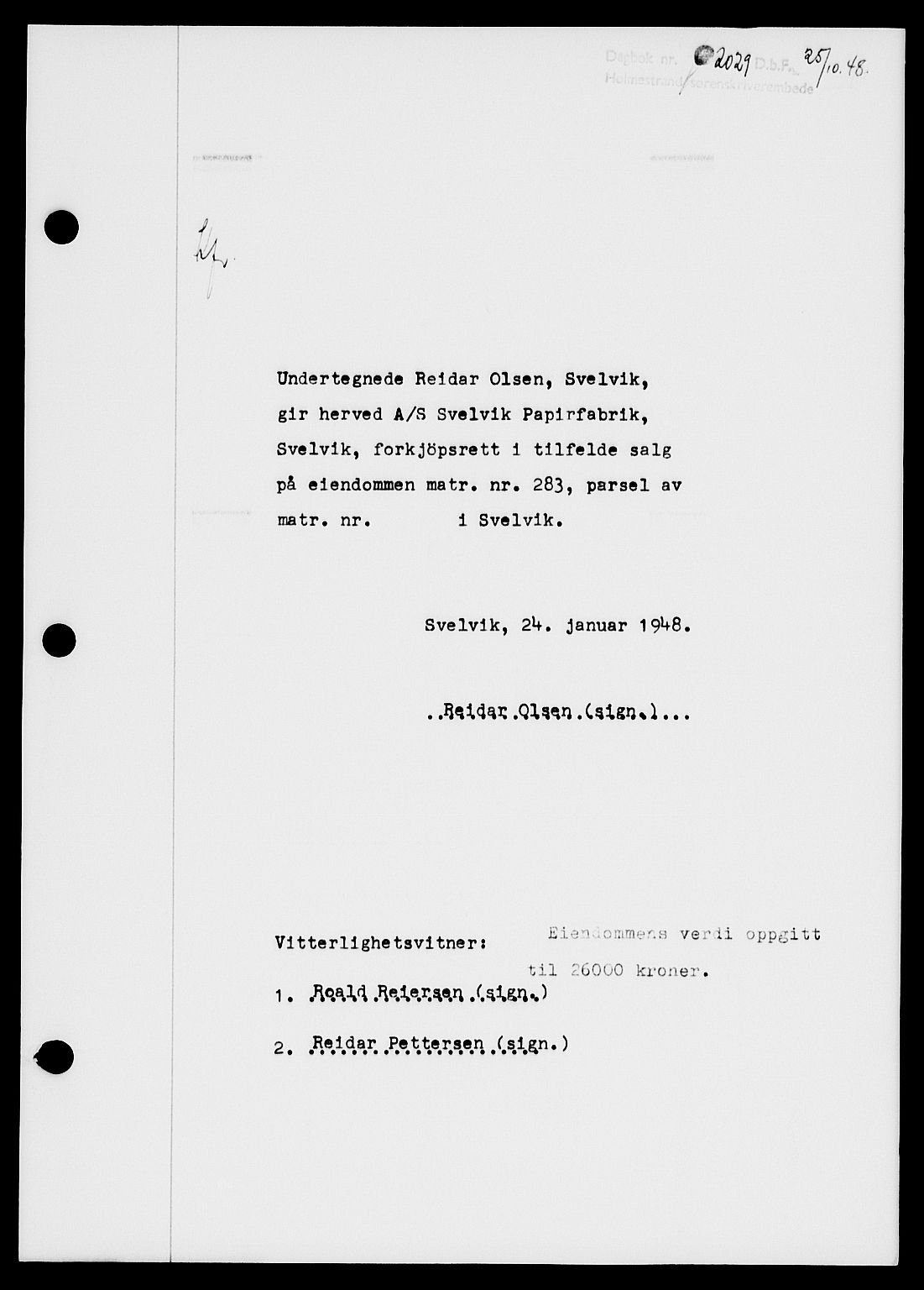 Holmestrand sorenskriveri, SAKO/A-67/G/Ga/Gaa/L0065: Pantebok nr. A-65, 1948-1949, Dagboknr: 2029/1948
