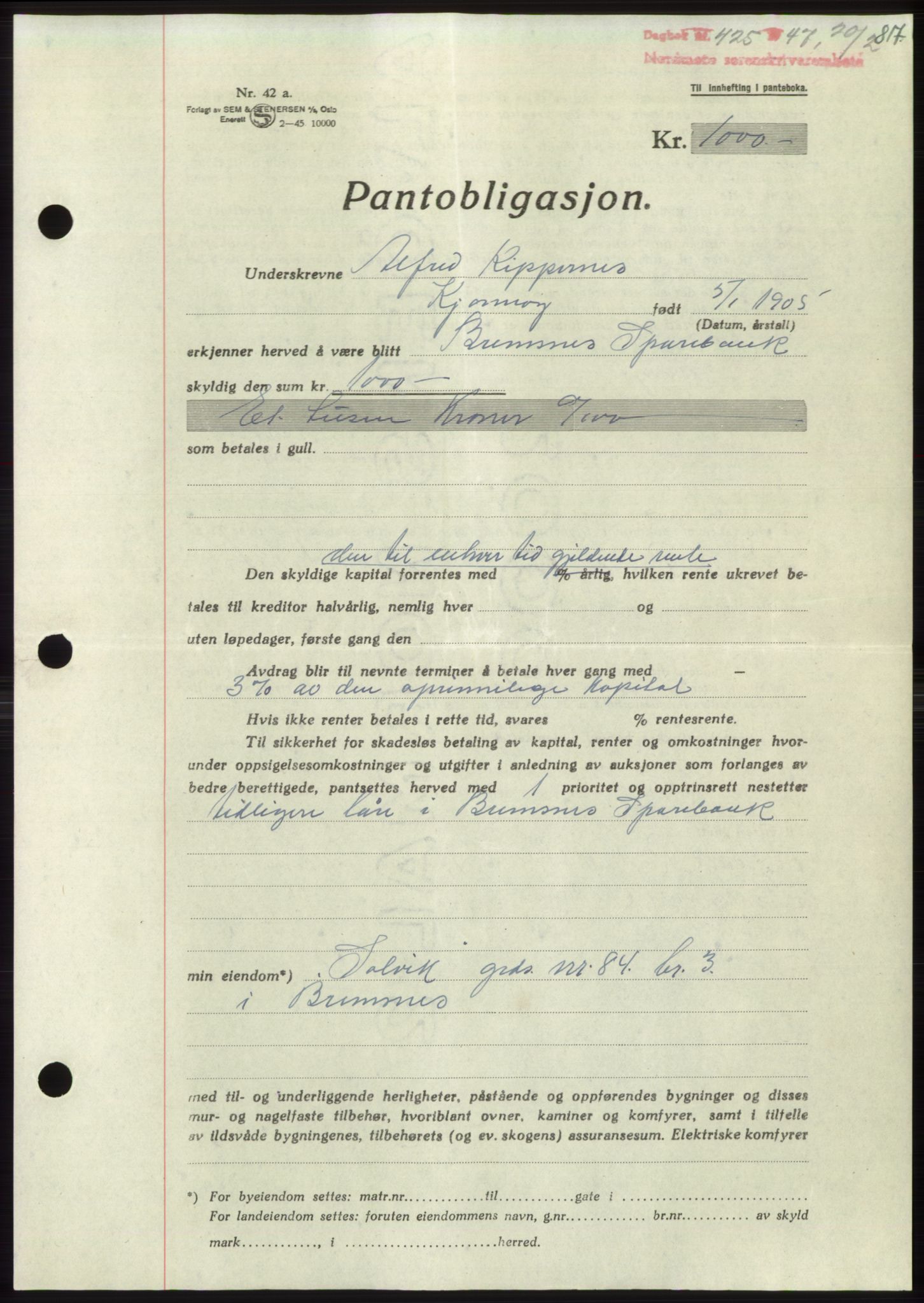 Nordmøre sorenskriveri, SAT/A-4132/1/2/2Ca: Pantebok nr. B95, 1946-1947, Dagboknr: 425/1947