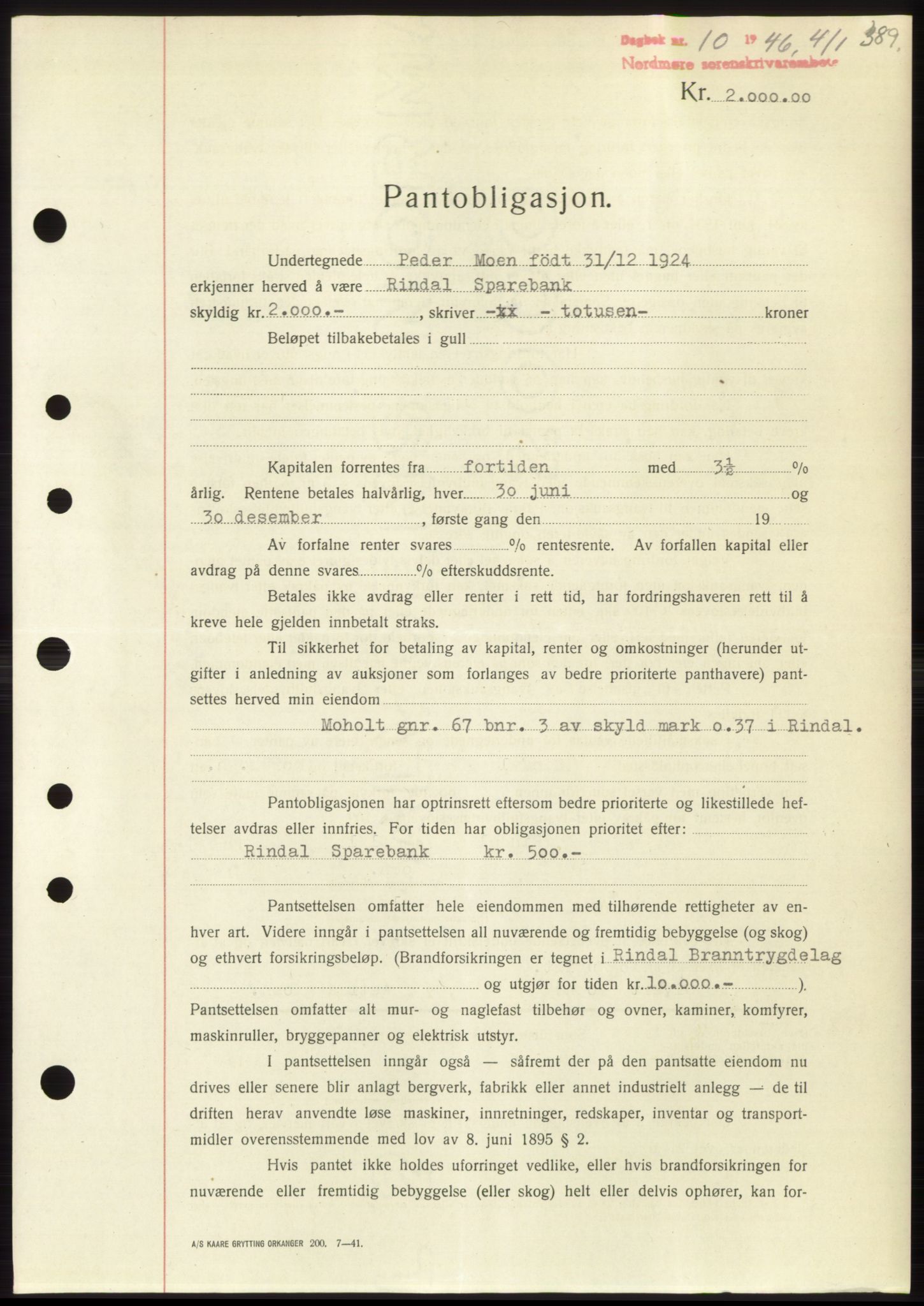 Nordmøre sorenskriveri, SAT/A-4132/1/2/2Ca: Pantebok nr. B93b, 1946-1946, Dagboknr: 10/1946