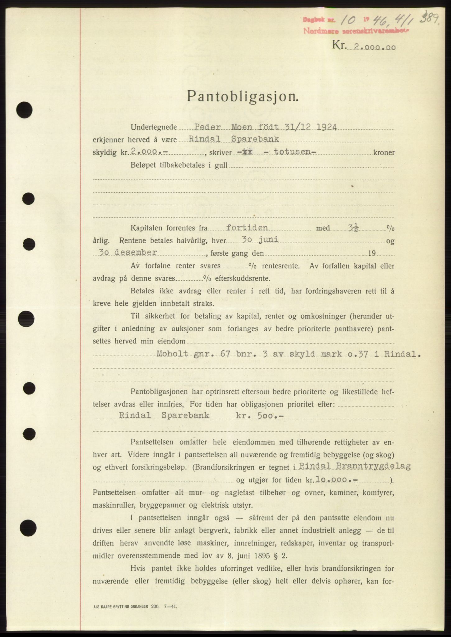 Nordmøre sorenskriveri, AV/SAT-A-4132/1/2/2Ca: Pantebok nr. B93b, 1946-1946, Dagboknr: 10/1946