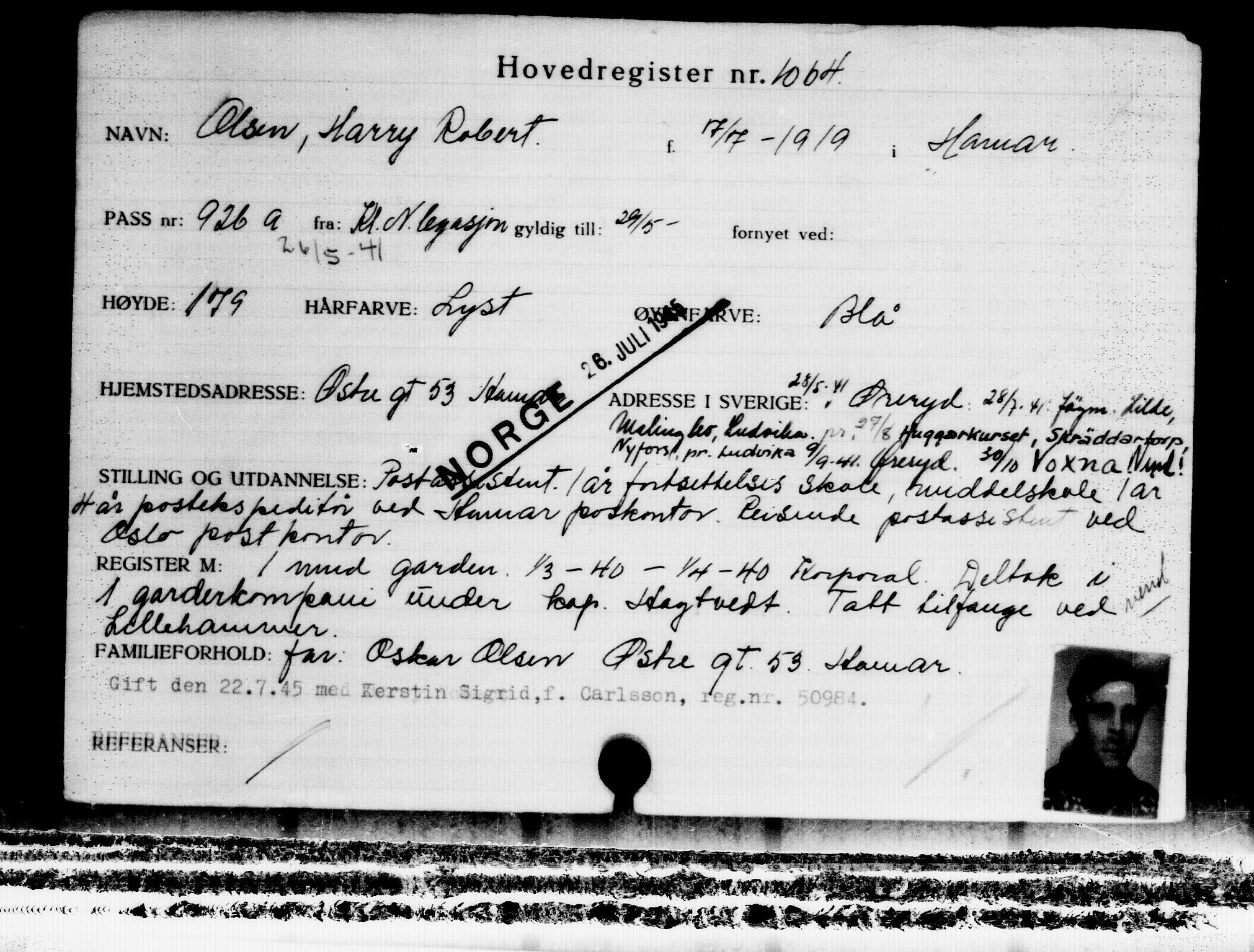 Utenriksstasjonene, Legasjonen i Stockholm, Flyktningkontoret, AV/RA-S-6753/V/Va/L0002: Kjesäterkartoteket, flyktninger med registreringsnr. 1001-2000, 1940-1945, s. 109
