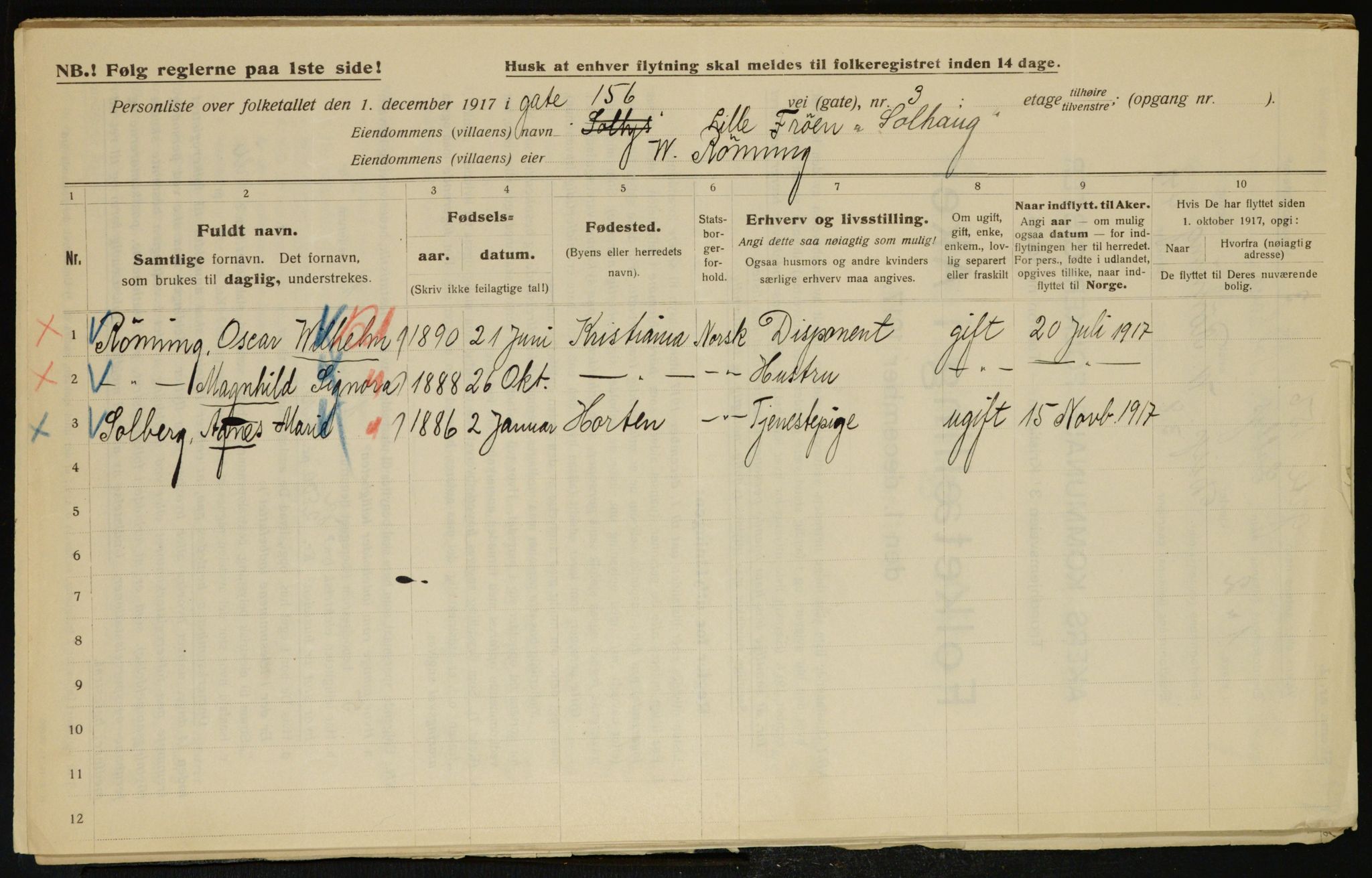 OBA, Kommunal folketelling 1.12.1917 for Aker, 1917, s. 9567