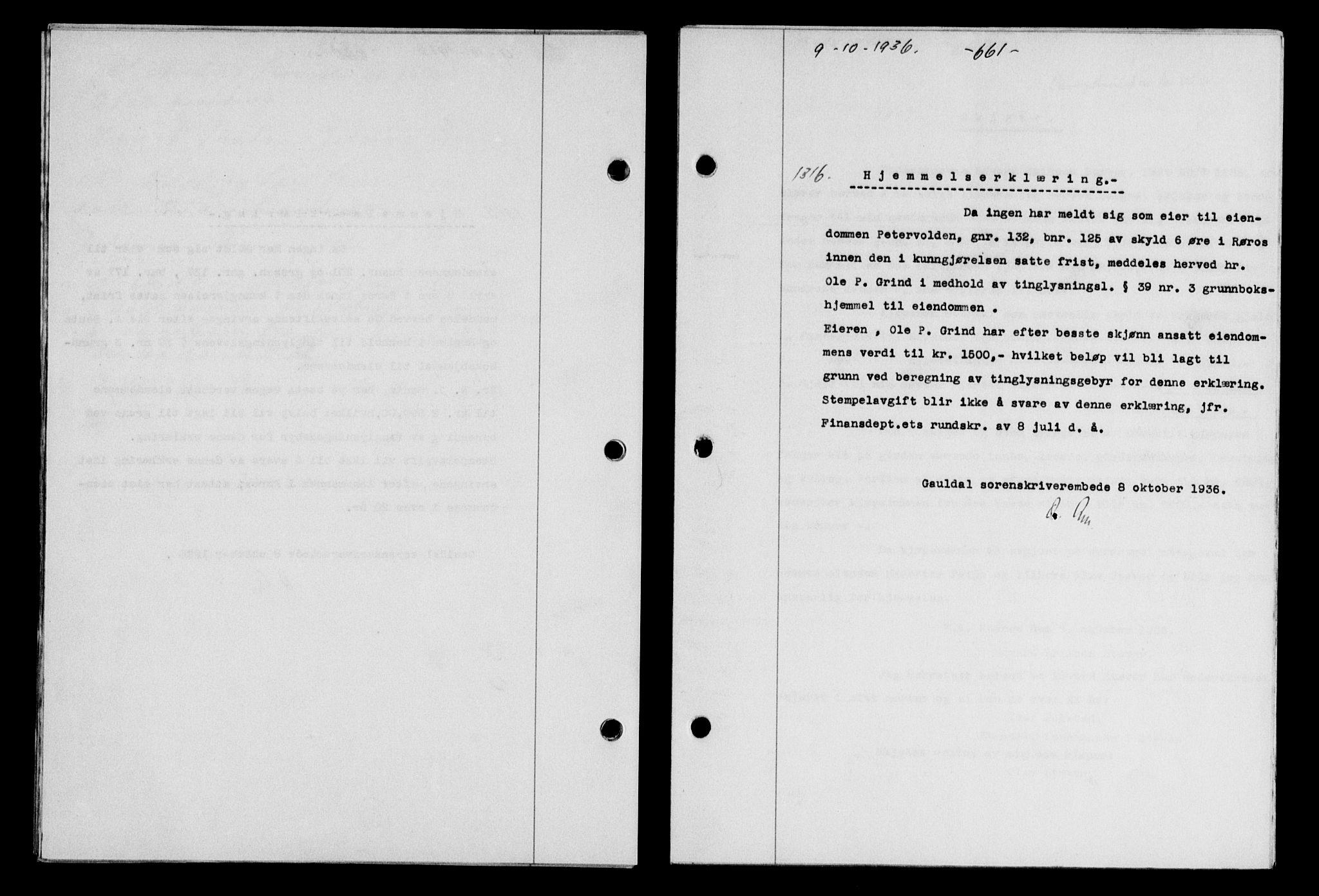 Gauldal sorenskriveri, SAT/A-0014/1/2/2C/L0046: Pantebok nr. 49-50, 1936-1937, Dagboknr: 1316/1936