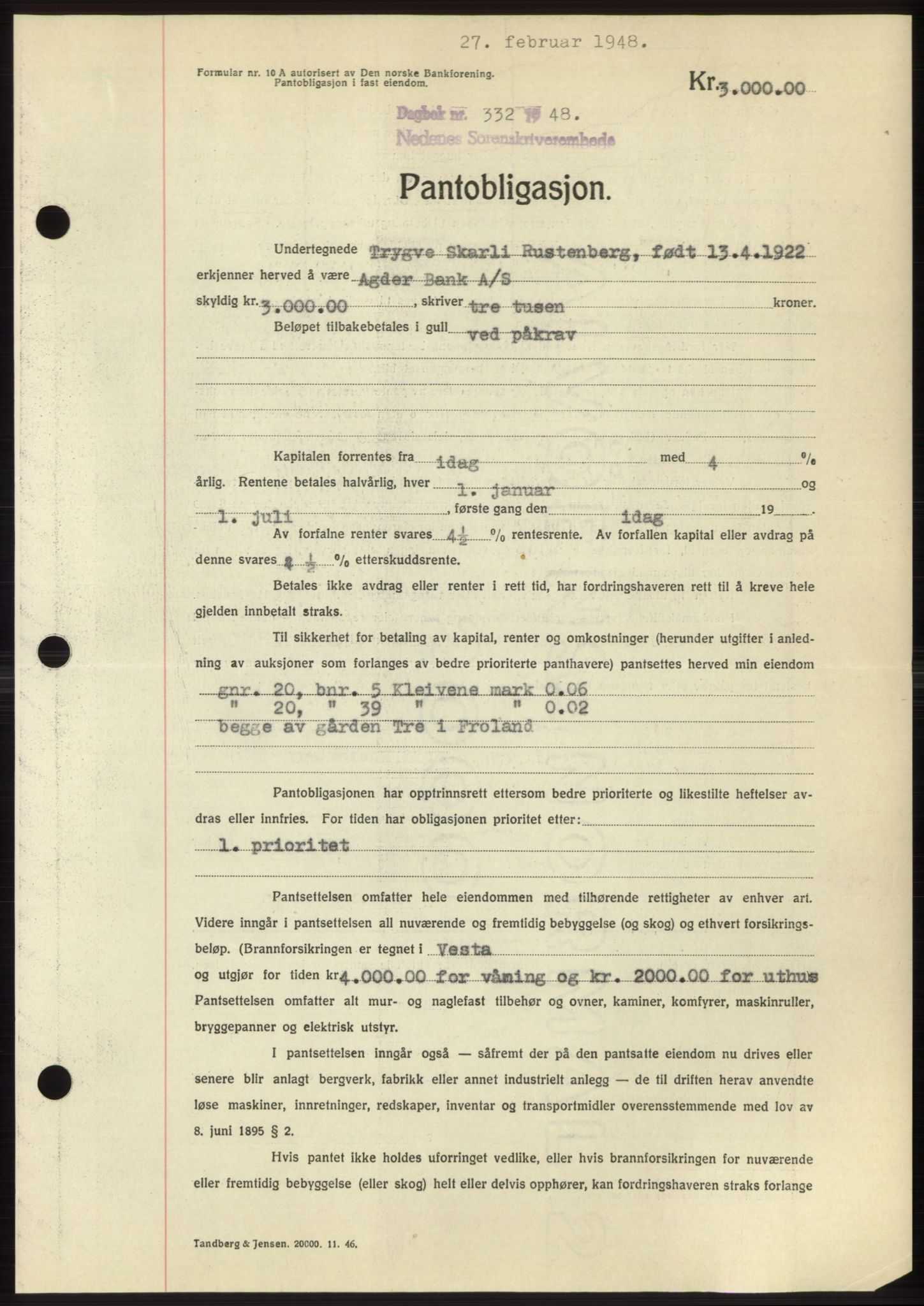 Nedenes sorenskriveri, AV/SAK-1221-0006/G/Gb/Gbb/L0005: Pantebok nr. B5, 1948-1948, Dagboknr: 332/1948