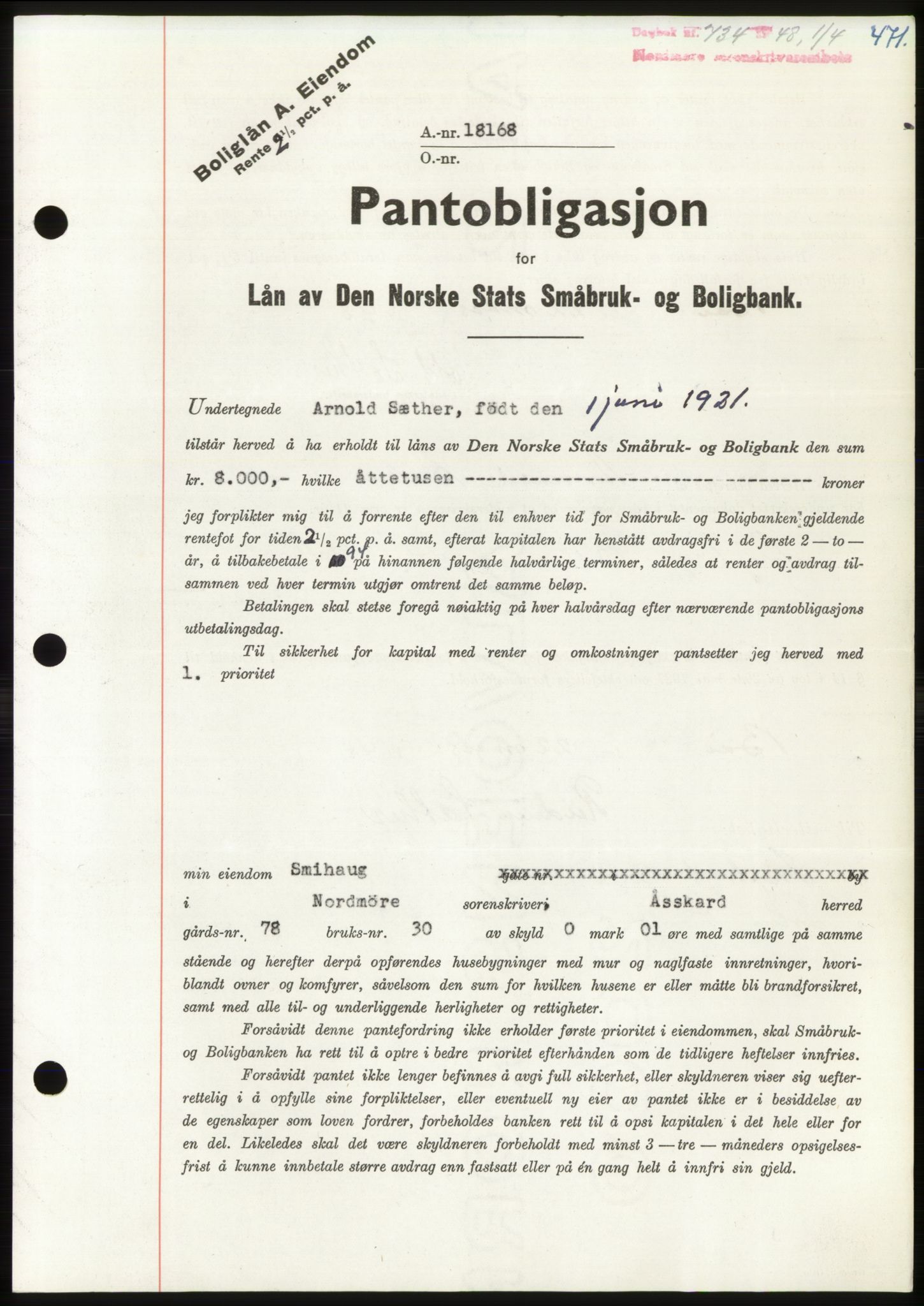 Nordmøre sorenskriveri, SAT/A-4132/1/2/2Ca: Pantebok nr. B98, 1948-1948, Dagboknr: 734/1948