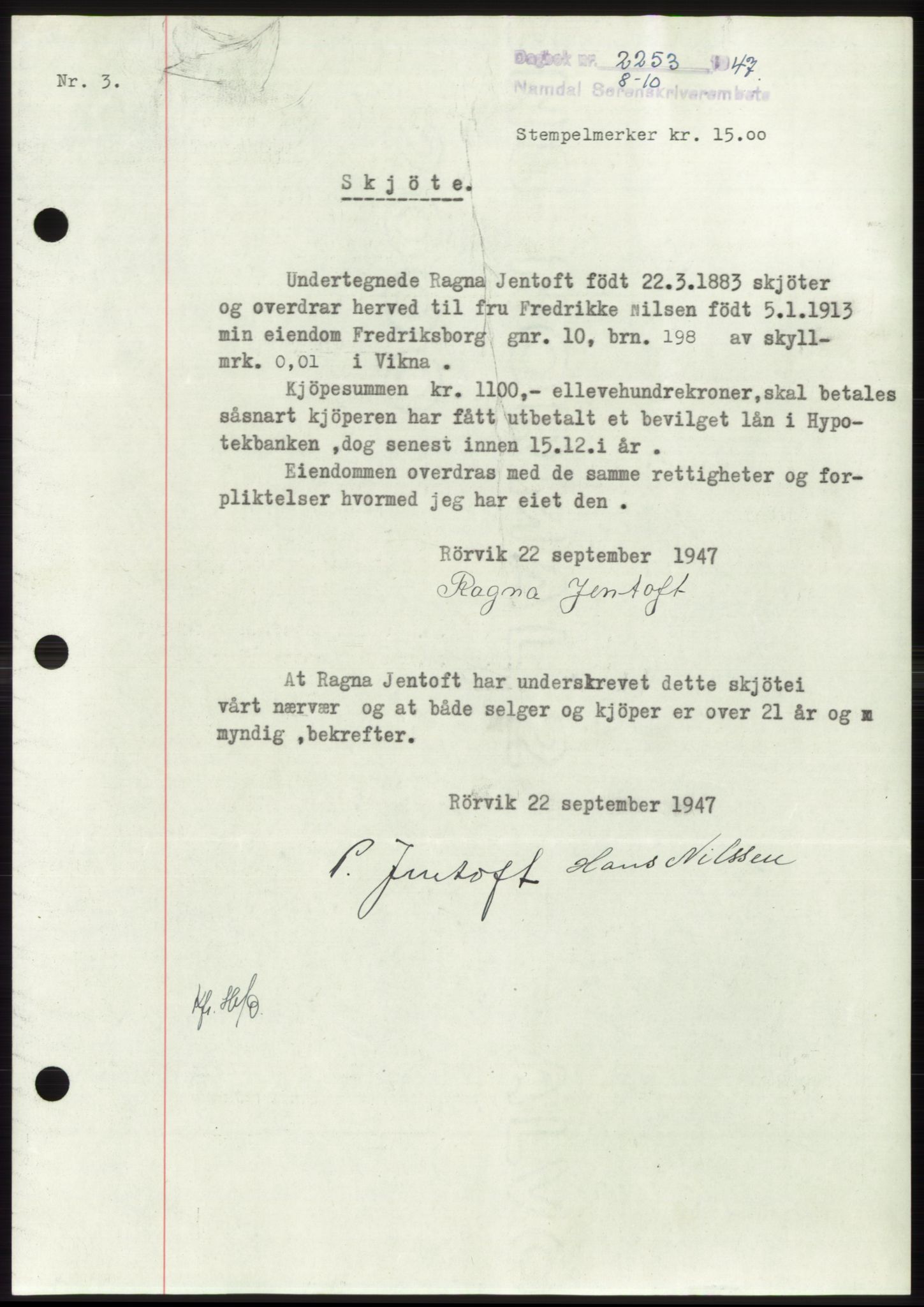 Namdal sorenskriveri, SAT/A-4133/1/2/2C: Pantebok nr. -, 1947-1947, Dagboknr: 2253/1947