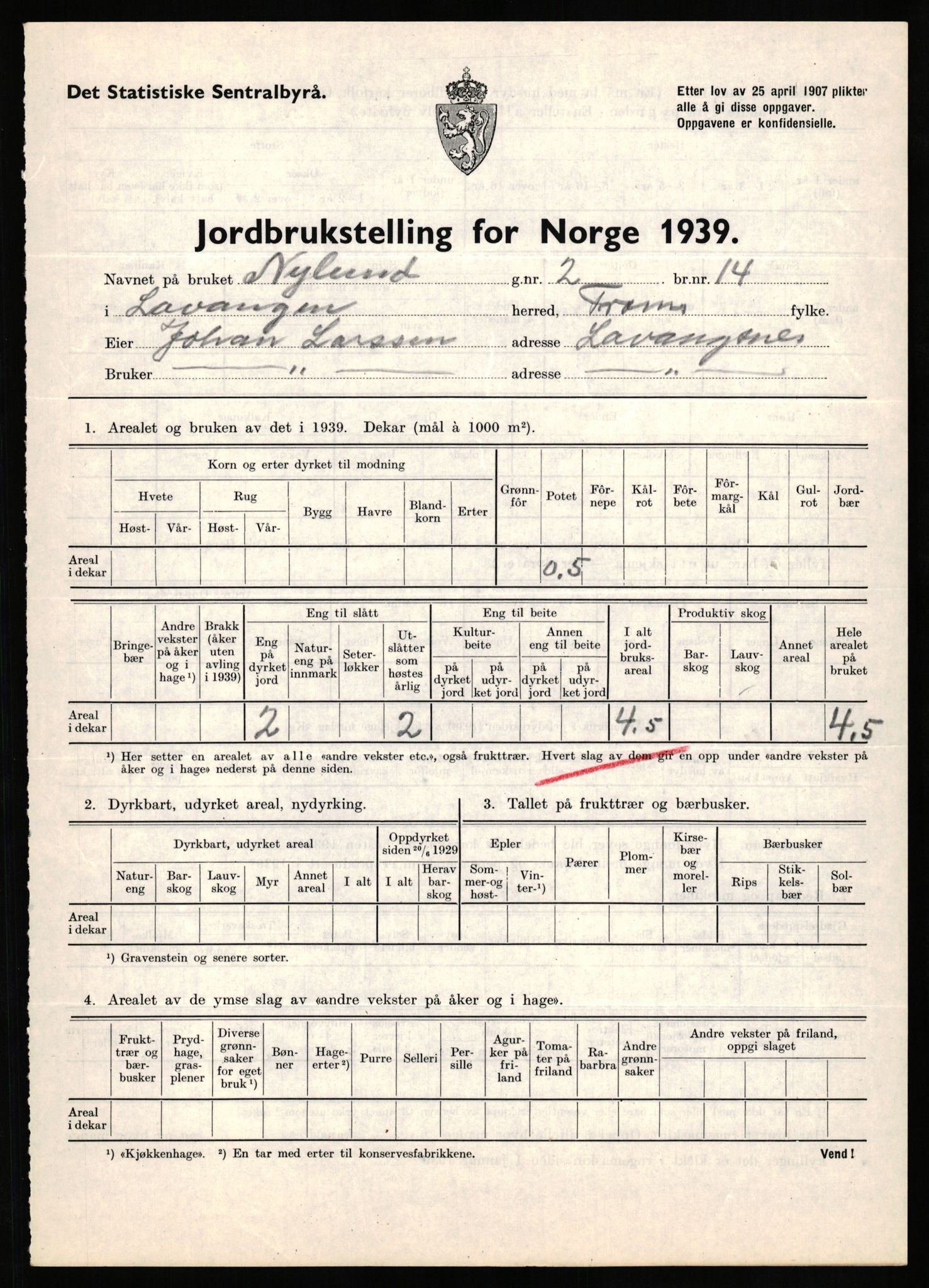 Statistisk sentralbyrå, Næringsøkonomiske emner, Jordbruk, skogbruk, jakt, fiske og fangst, AV/RA-S-2234/G/Gb/L0339: Troms: Andørja, Astafjord og Lavangen, 1939, s. 893