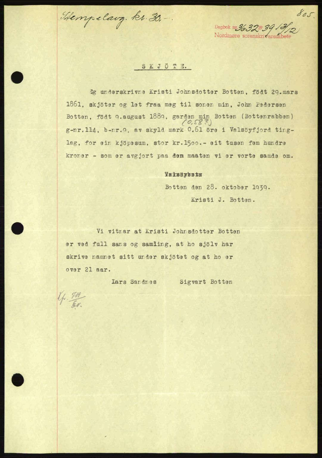 Nordmøre sorenskriveri, SAT/A-4132/1/2/2Ca: Pantebok nr. A87, 1939-1940, Dagboknr: 3632/1939