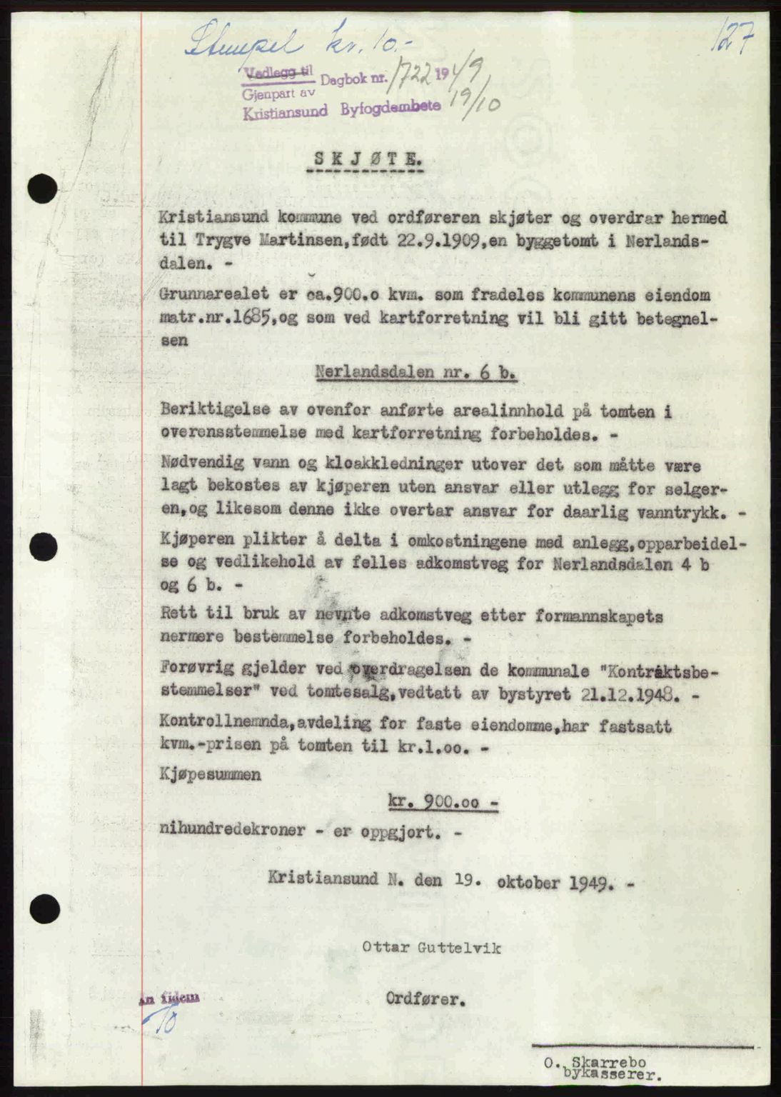 Kristiansund byfogd, AV/SAT-A-4587/A/27: Pantebok nr. 46, 1949-1950, Dagboknr: 1722/1949