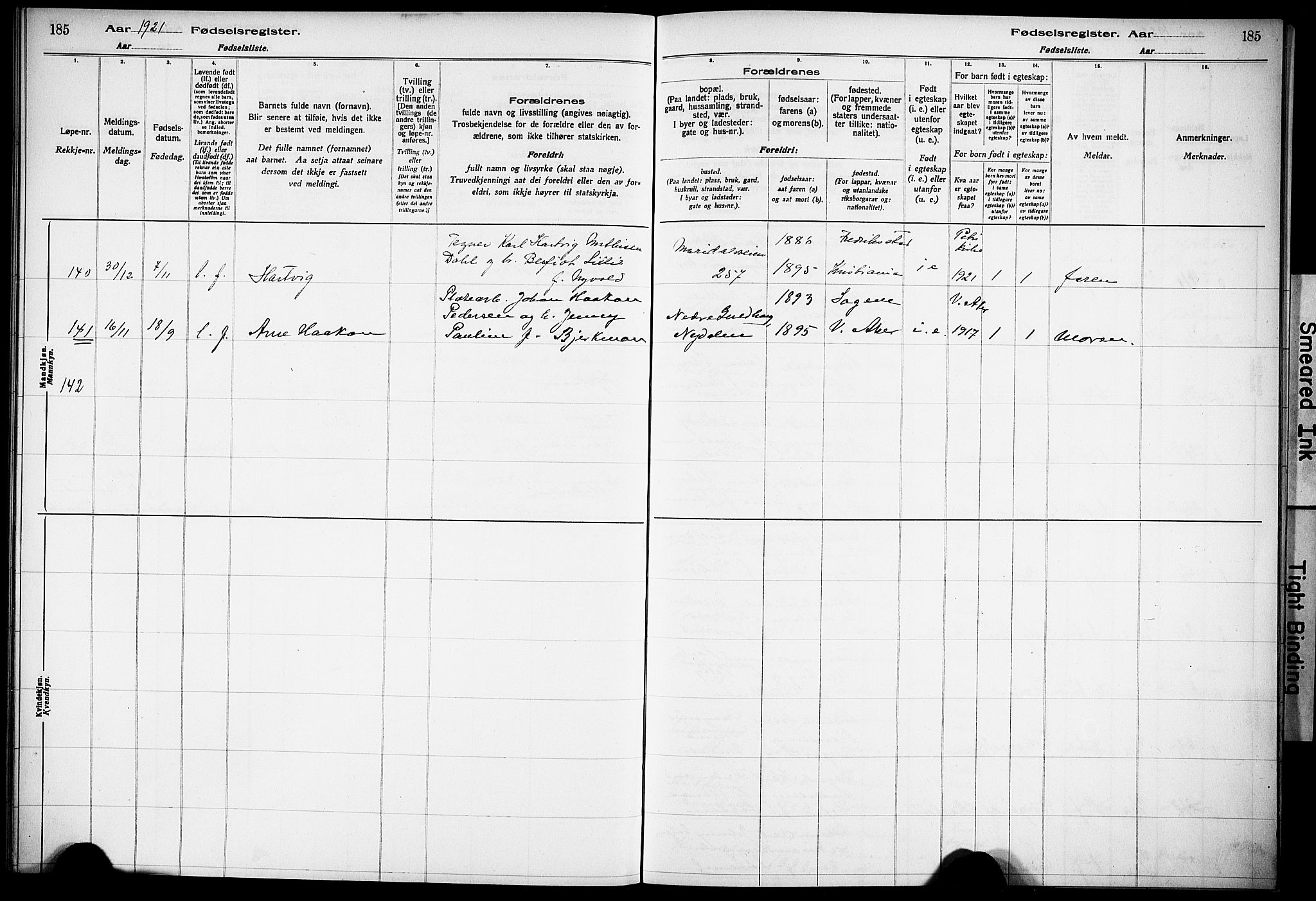 Vestre Aker prestekontor Kirkebøker, AV/SAO-A-10025/J/Ja/L0001: Fødselsregister nr. 1, 1916-1922, s. 185