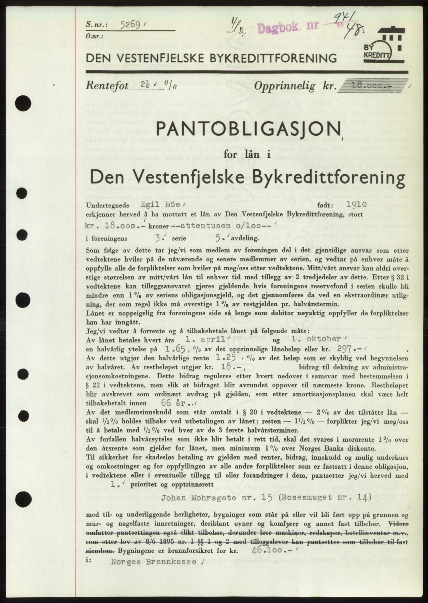 Byfogd og Byskriver i Bergen, AV/SAB-A-3401/03/03Bd/L0003: Pantebok nr. B29-39, 1947-1950, Dagboknr: 941/1948