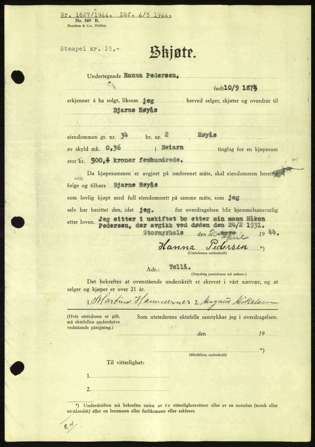 Salten sorenskriveri, SAT/A-4578/1/2/2C: Pantebok nr. A14-15, 1943-1945, Dagboknr: 1627/1944