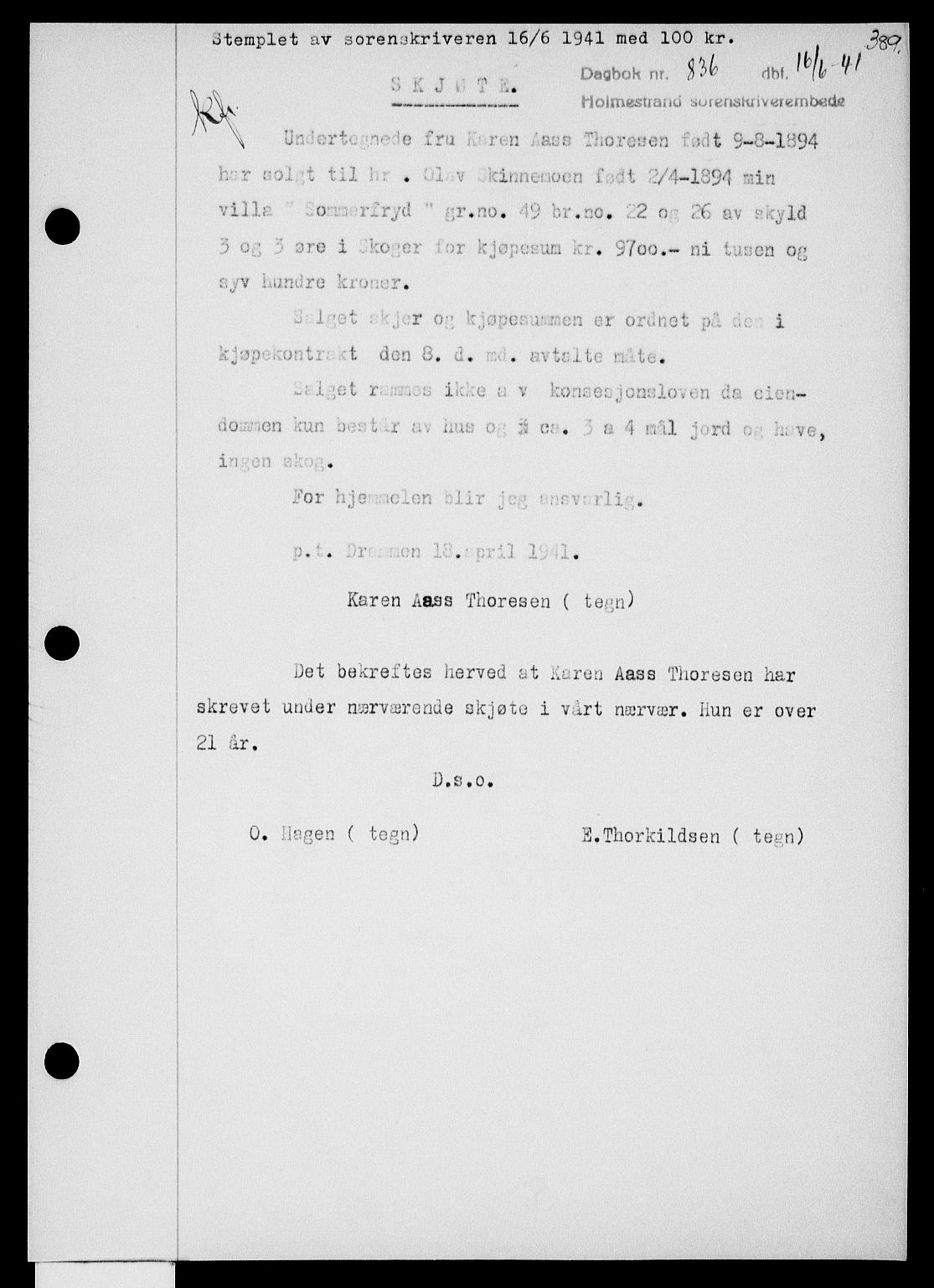 Holmestrand sorenskriveri, SAKO/A-67/G/Ga/Gaa/L0053: Pantebok nr. A-53, 1941-1941, Dagboknr: 836/1941