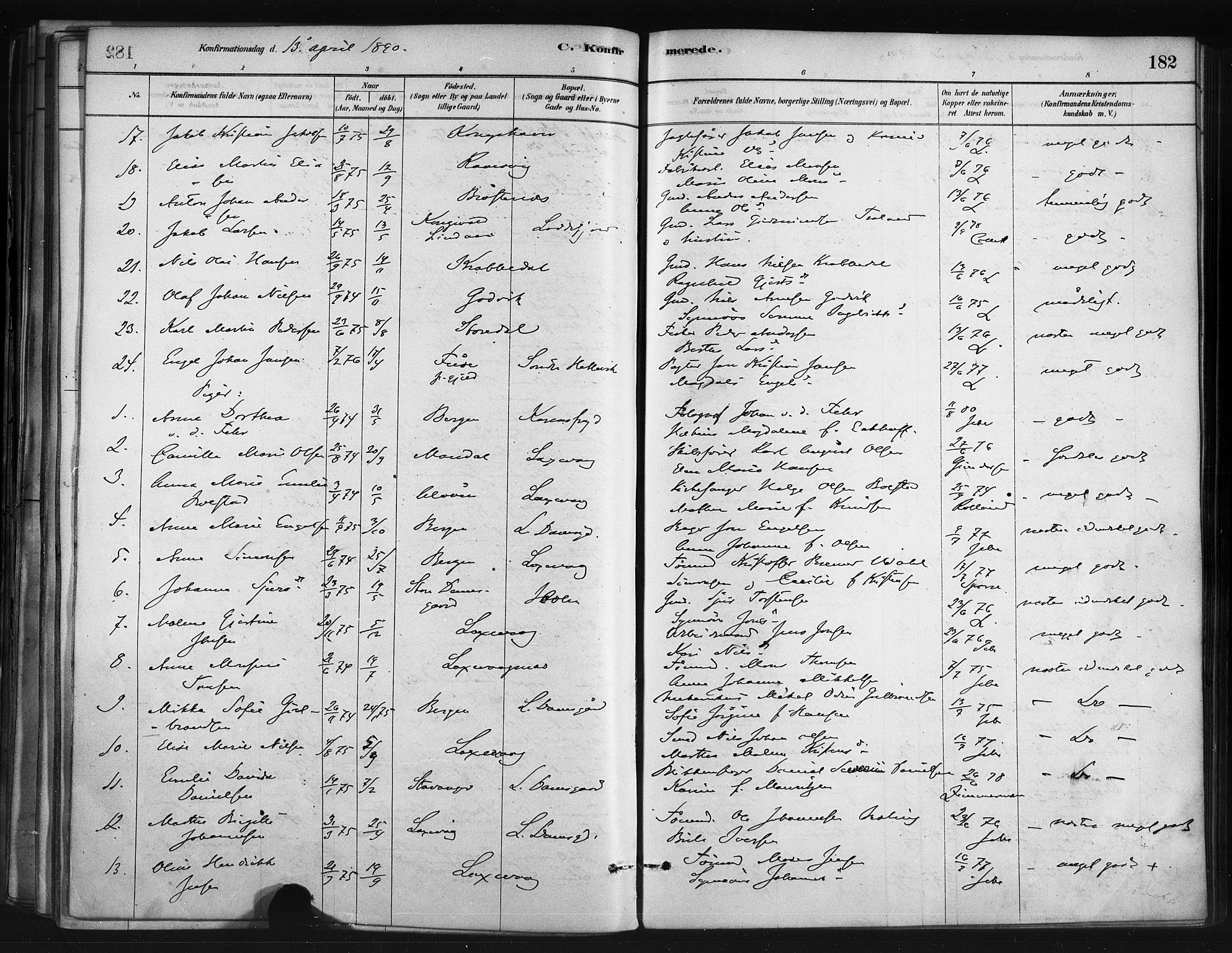 Askøy Sokneprestembete, AV/SAB-A-74101/H/Ha/Haa/Haae/L0002: Ministerialbok nr. E 2, 1878-1891, s. 182