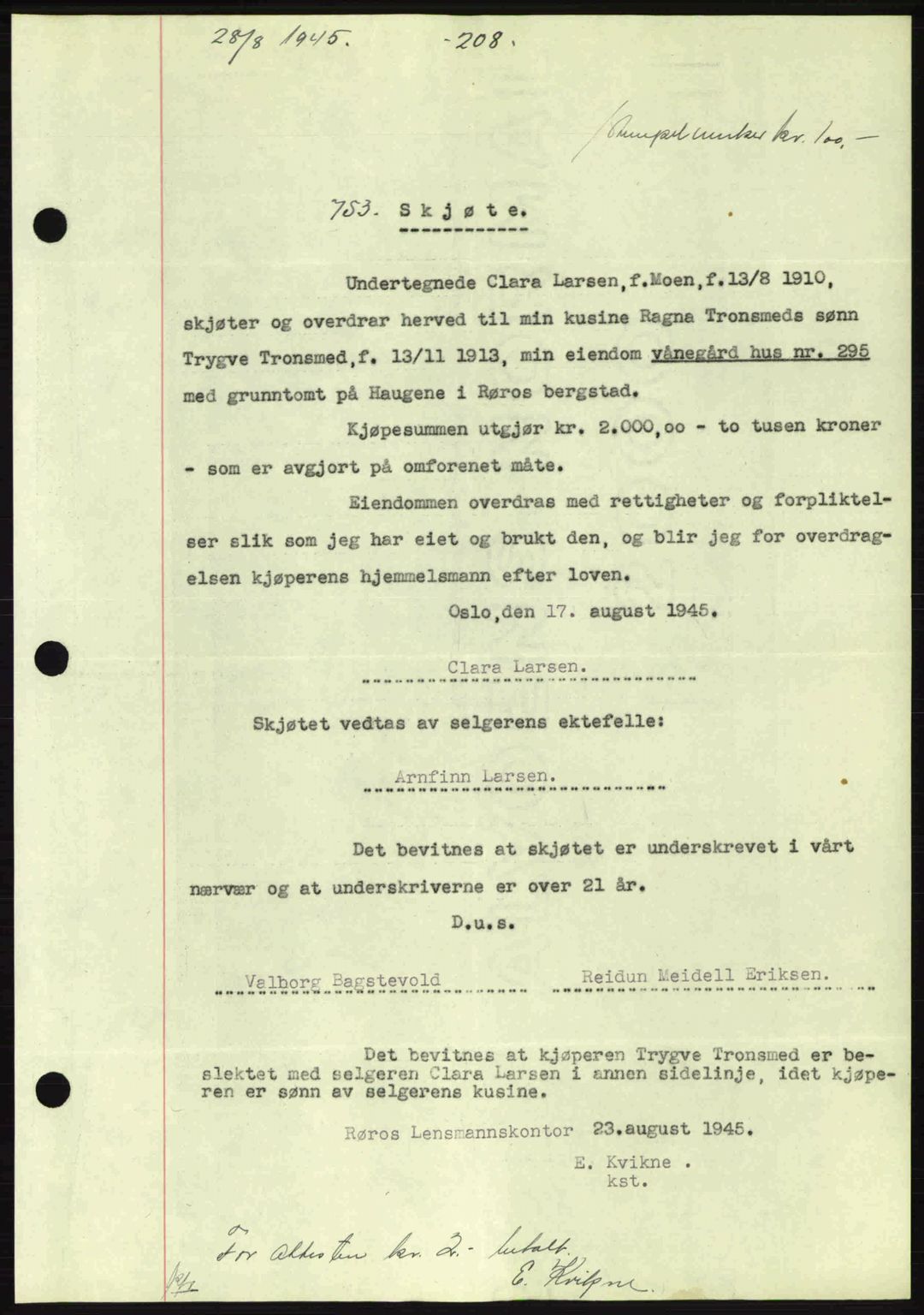 Gauldal sorenskriveri, SAT/A-0014/1/2/2C: Pantebok nr. A1a, 1945-1945, Dagboknr: 753/1945