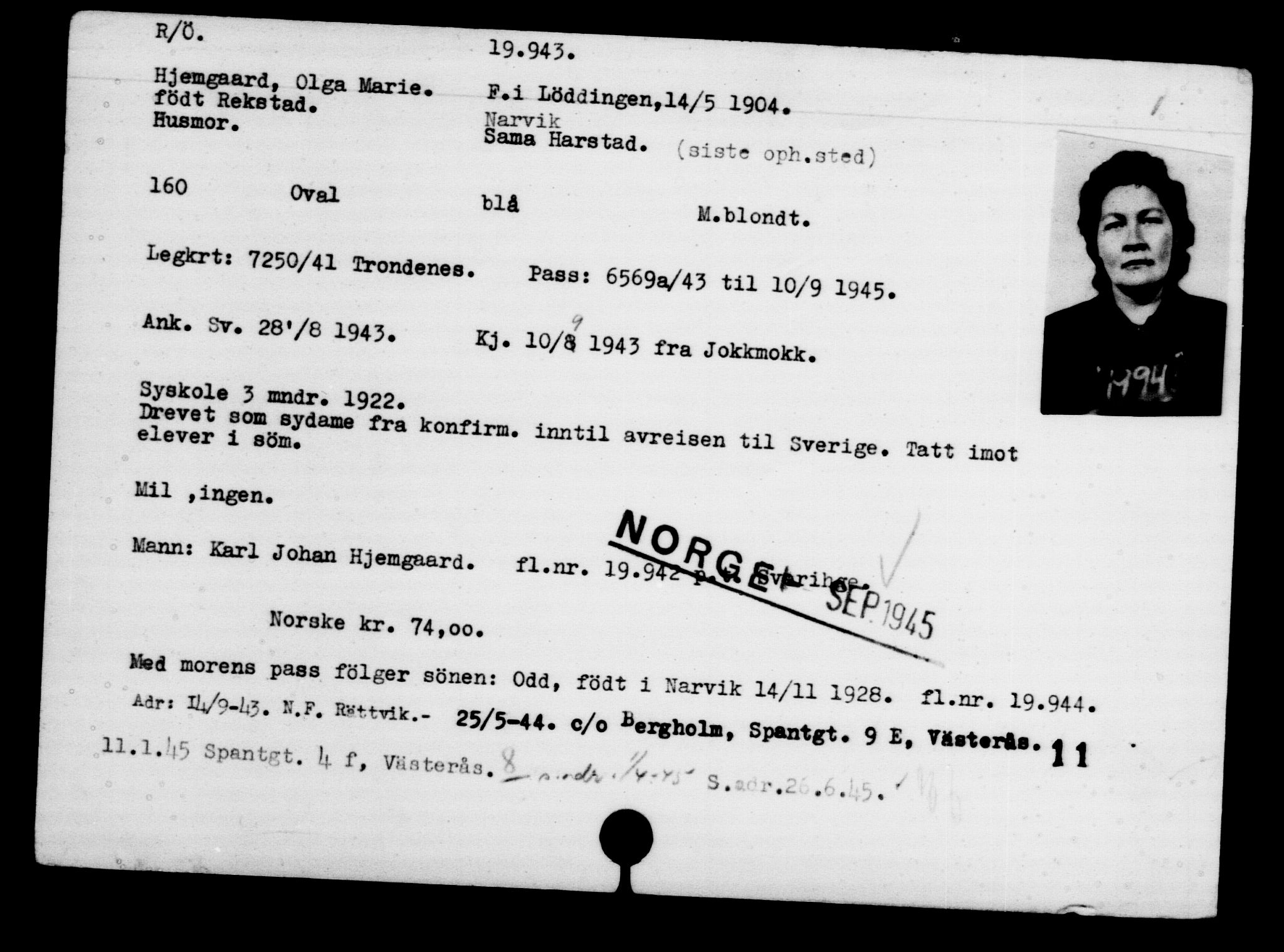 Utenriksstasjonene, Legasjonen i Stockholm, Flyktningkontoret, AV/RA-S-6753/V/Va/L0009: Kjesäterkartoteket, flyktninger med registreringsnr. 18502-22048, 1940-1945, s. 1602