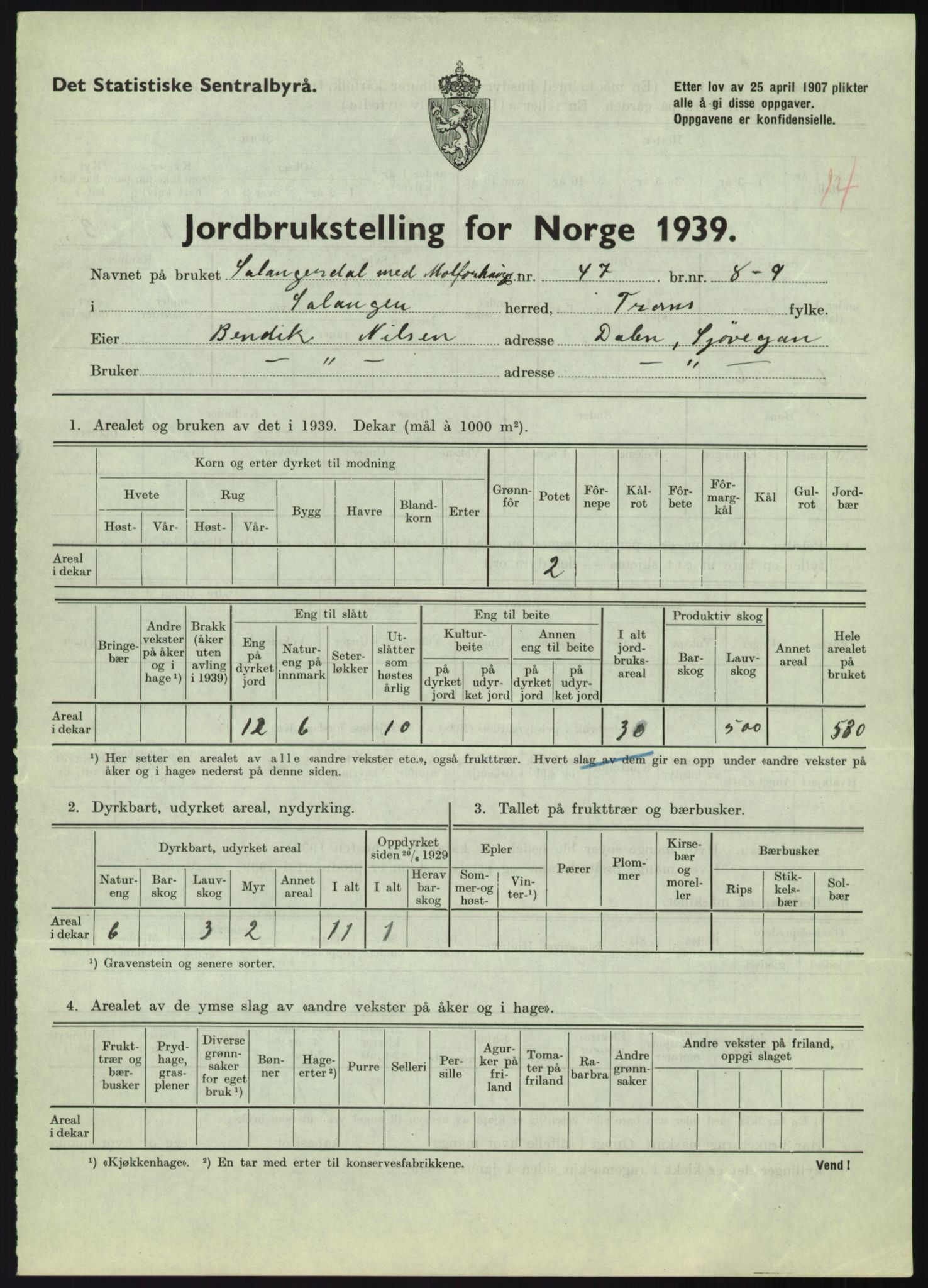 Statistisk sentralbyrå, Næringsøkonomiske emner, Jordbruk, skogbruk, jakt, fiske og fangst, AV/RA-S-2234/G/Gb/L0340: Troms: Salangen og Dyrøy, 1939, s. 425