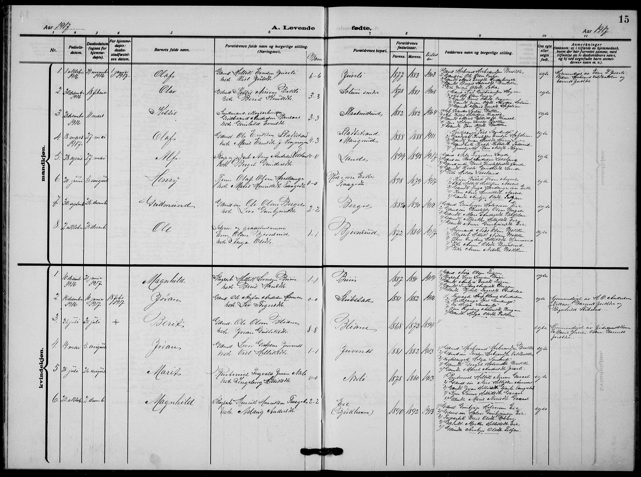 Flesberg kirkebøker, AV/SAKO-A-18/G/Ga/L0006: Klokkerbok nr. I 6, 1909-1924, s. 15