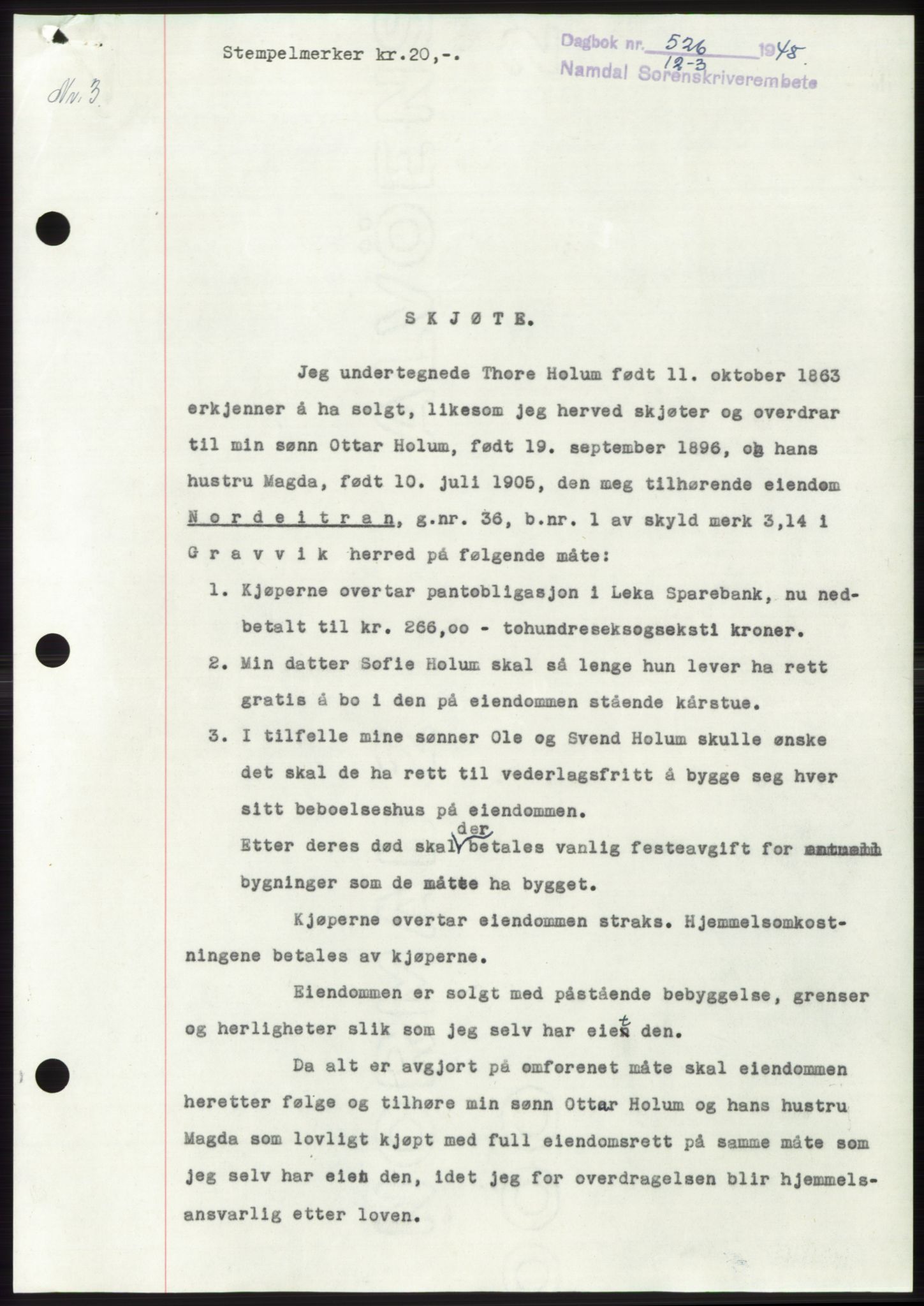 Namdal sorenskriveri, SAT/A-4133/1/2/2C: Pantebok nr. -, 1947-1948, Dagboknr: 526/1948