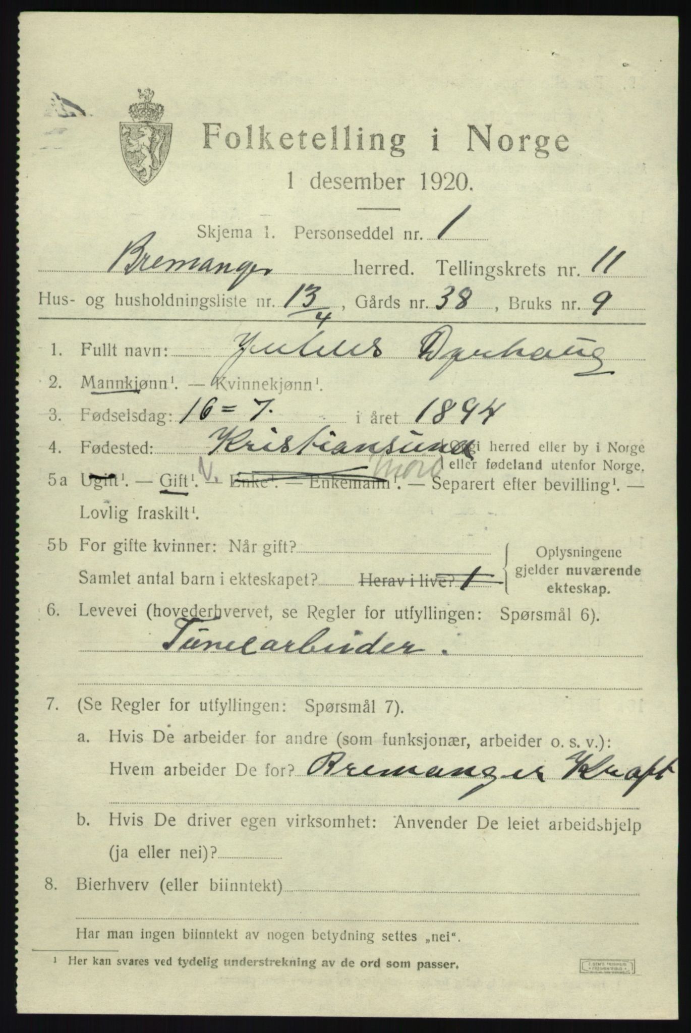SAB, Folketelling 1920 for 1438 Bremanger herred, 1920, s. 5962