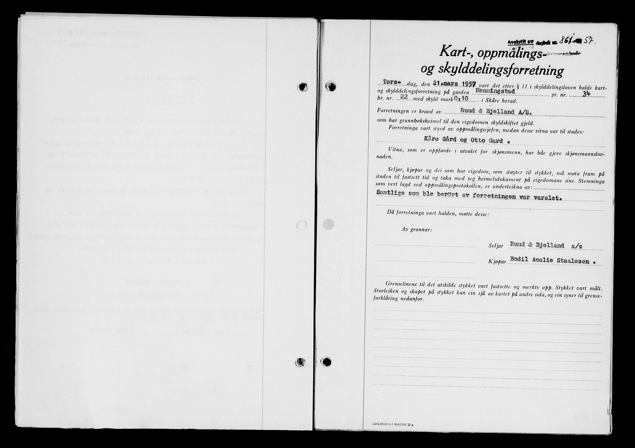 Karmsund sorenskriveri, SAST/A-100311/01/II/IIB/L0124: Pantebok nr. 104A, 1957-1957, Dagboknr: 861/1957