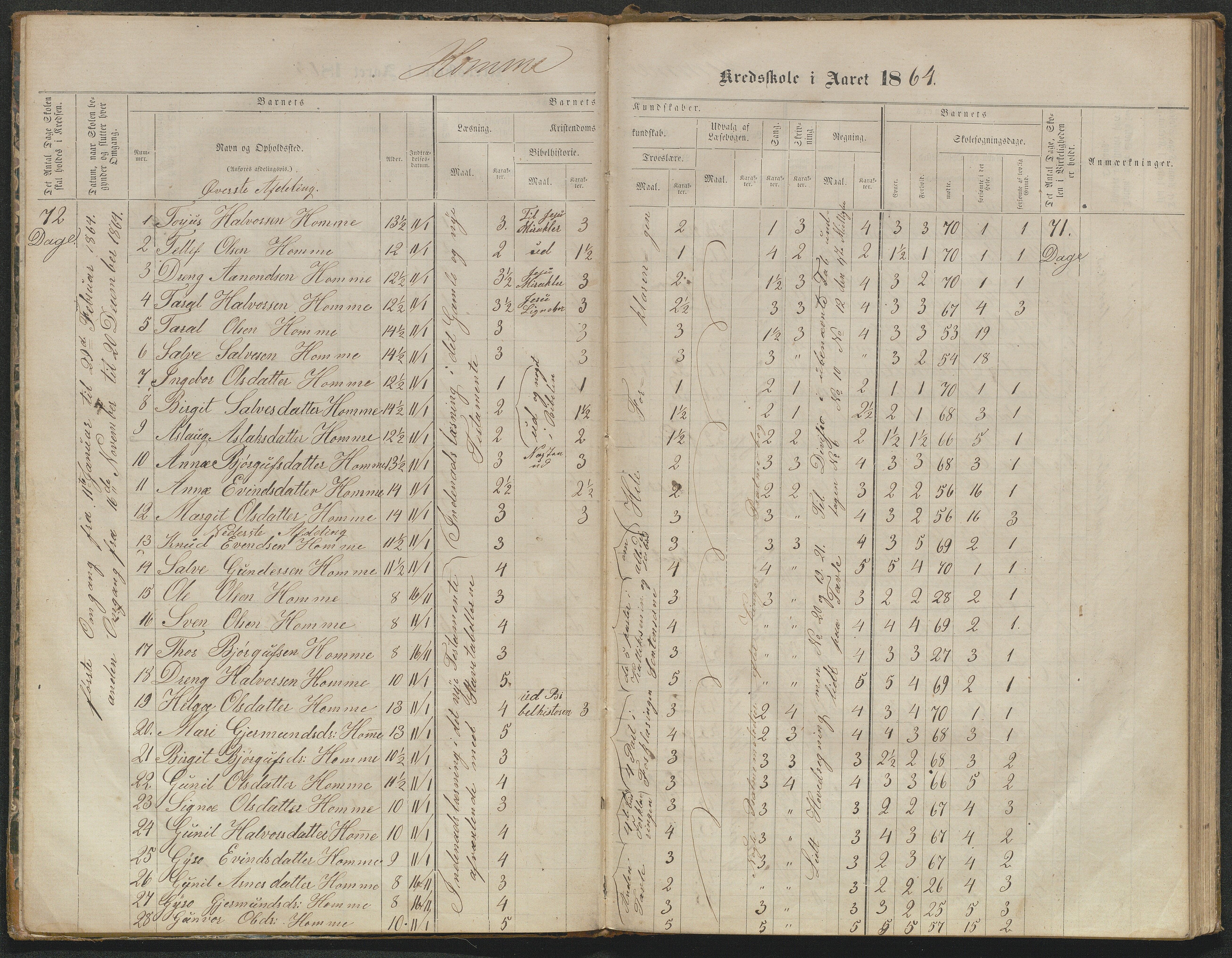 Valle kommune, AAKS/KA0940-PK/03/L0052: Karakterprotokoll for Homme skule. Karakterprotokoll for Oveinang skule. Karakterprotokoll for Tveitebø skule. Karakterprotokoll for den frivillige undervisning i Homme, 1863-1882