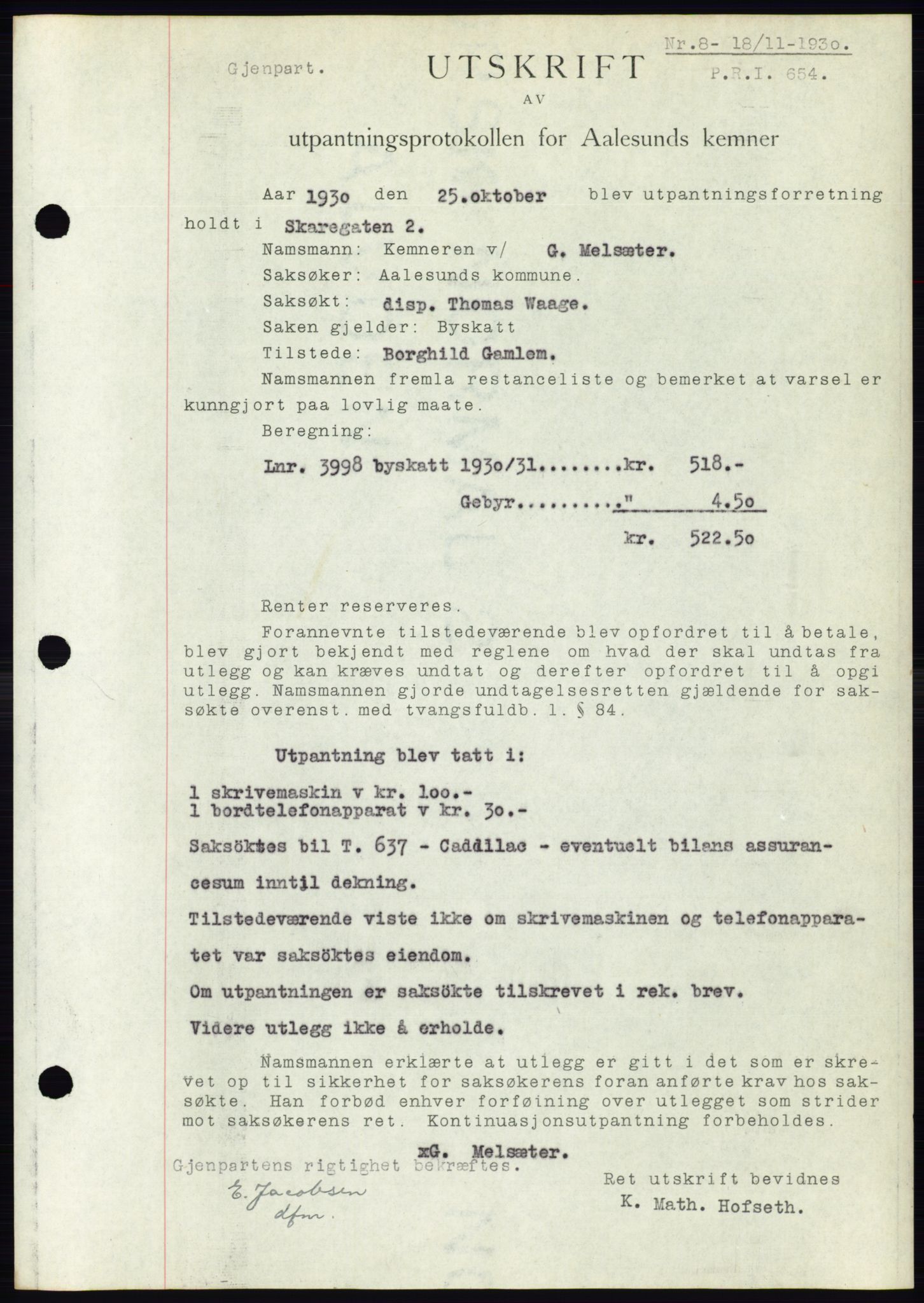 Ålesund byfogd, AV/SAT-A-4384: Pantebok nr. 26, 1930-1930, Tingl.dato: 18.11.1930