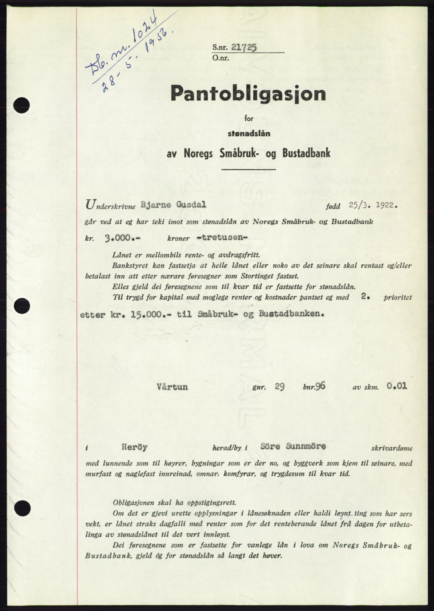 Søre Sunnmøre sorenskriveri, SAT/A-4122/1/2/2C/L0128: Pantebok nr. 16B, 1956-1956, Dagboknr: 1024/1956