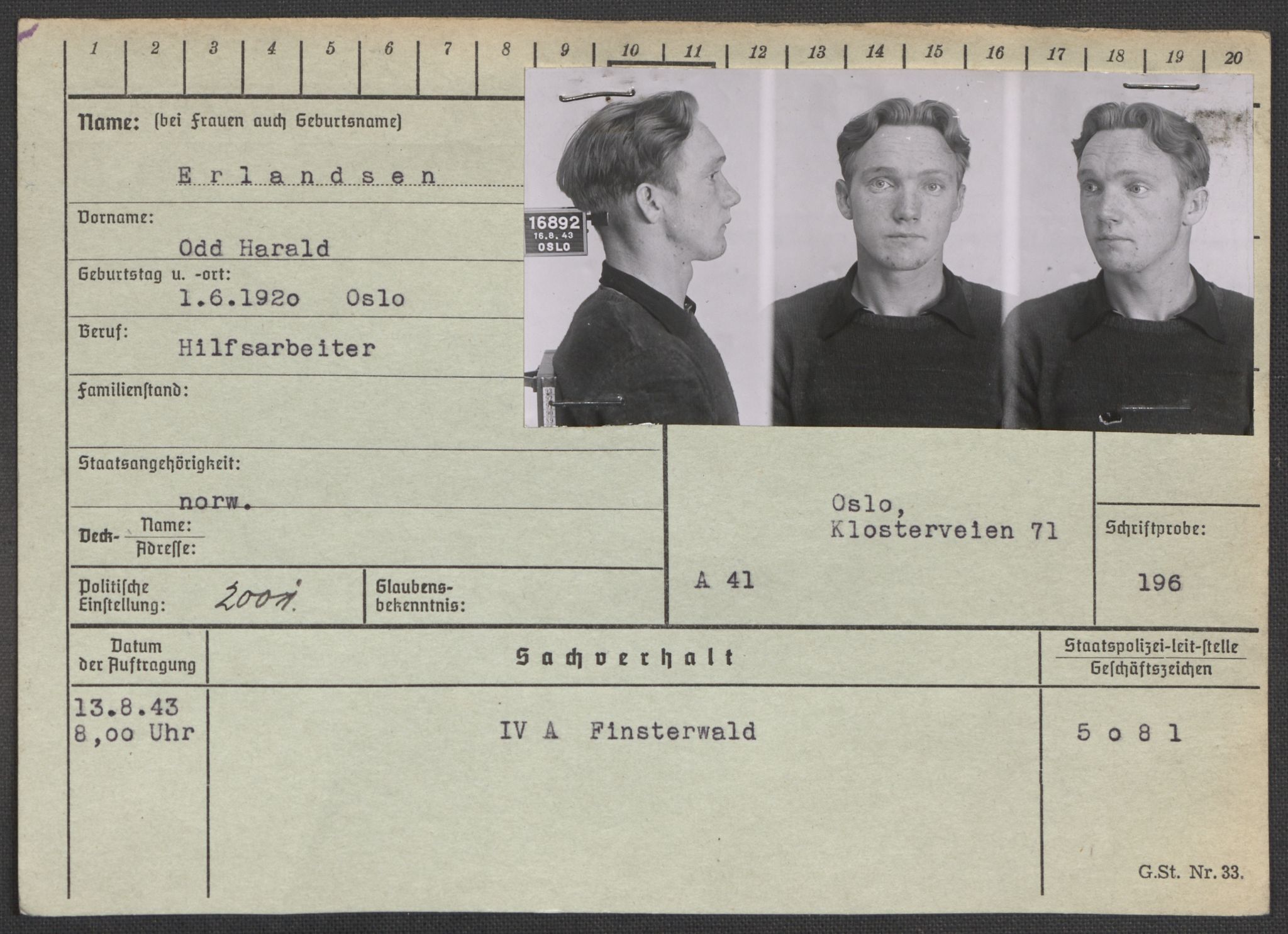 Befehlshaber der Sicherheitspolizei und des SD, AV/RA-RAFA-5969/E/Ea/Eaa/L0003: Register over norske fanger i Møllergata 19: Eng-Hag, 1940-1945, s. 148