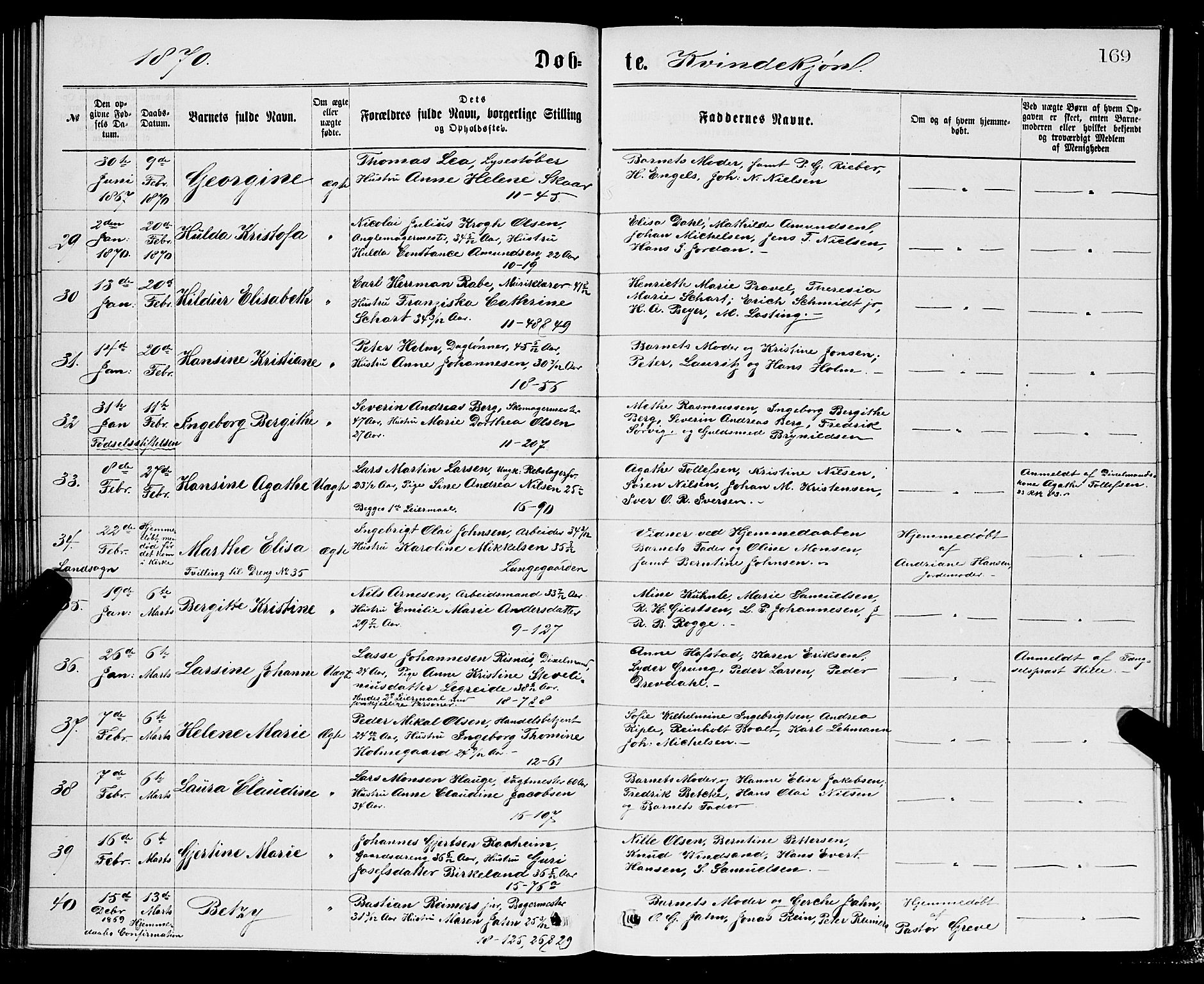 Domkirken sokneprestembete, AV/SAB-A-74801/H/Hab/L0013: Klokkerbok nr. B 6, 1869-1876, s. 169
