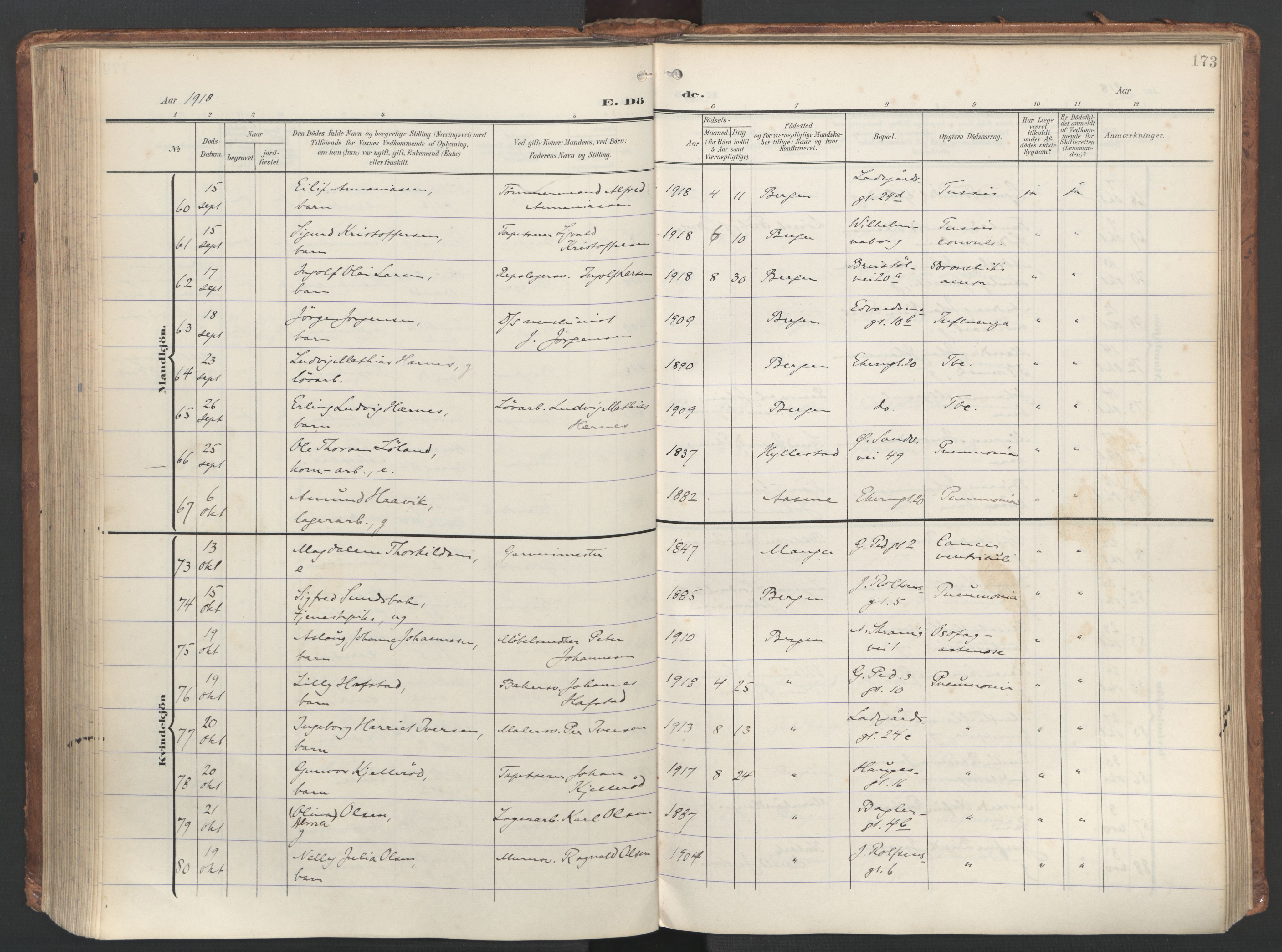 Sandviken Sokneprestembete, AV/SAB-A-77601/H/Ha/L0019: Ministerialbok nr. E 2, 1905-1933, s. 173