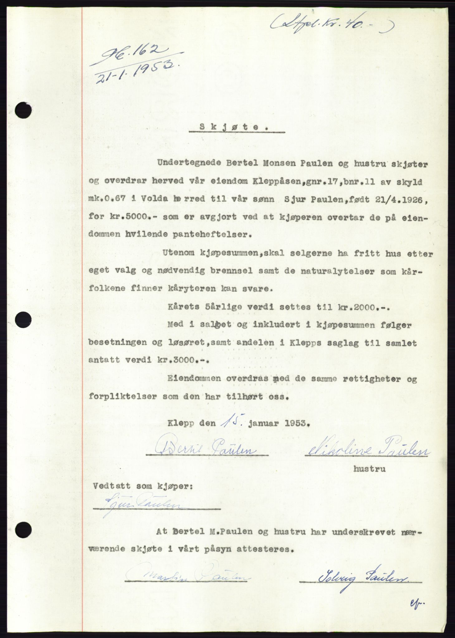 Søre Sunnmøre sorenskriveri, AV/SAT-A-4122/1/2/2C/L0094: Pantebok nr. 20A, 1953-1953, Dagboknr: 162/1953