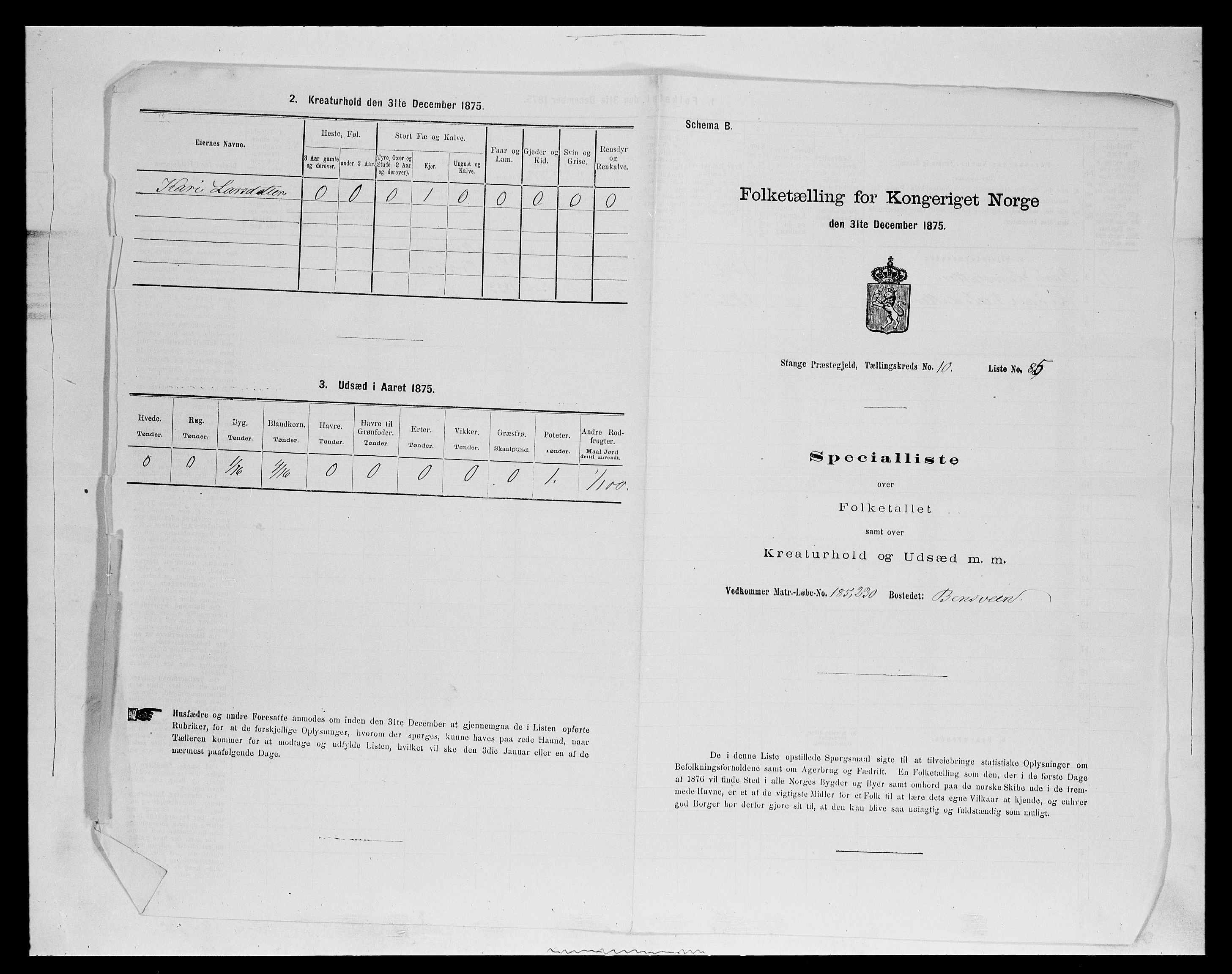 SAH, Folketelling 1875 for 0417P Stange prestegjeld, 1875, s. 1816