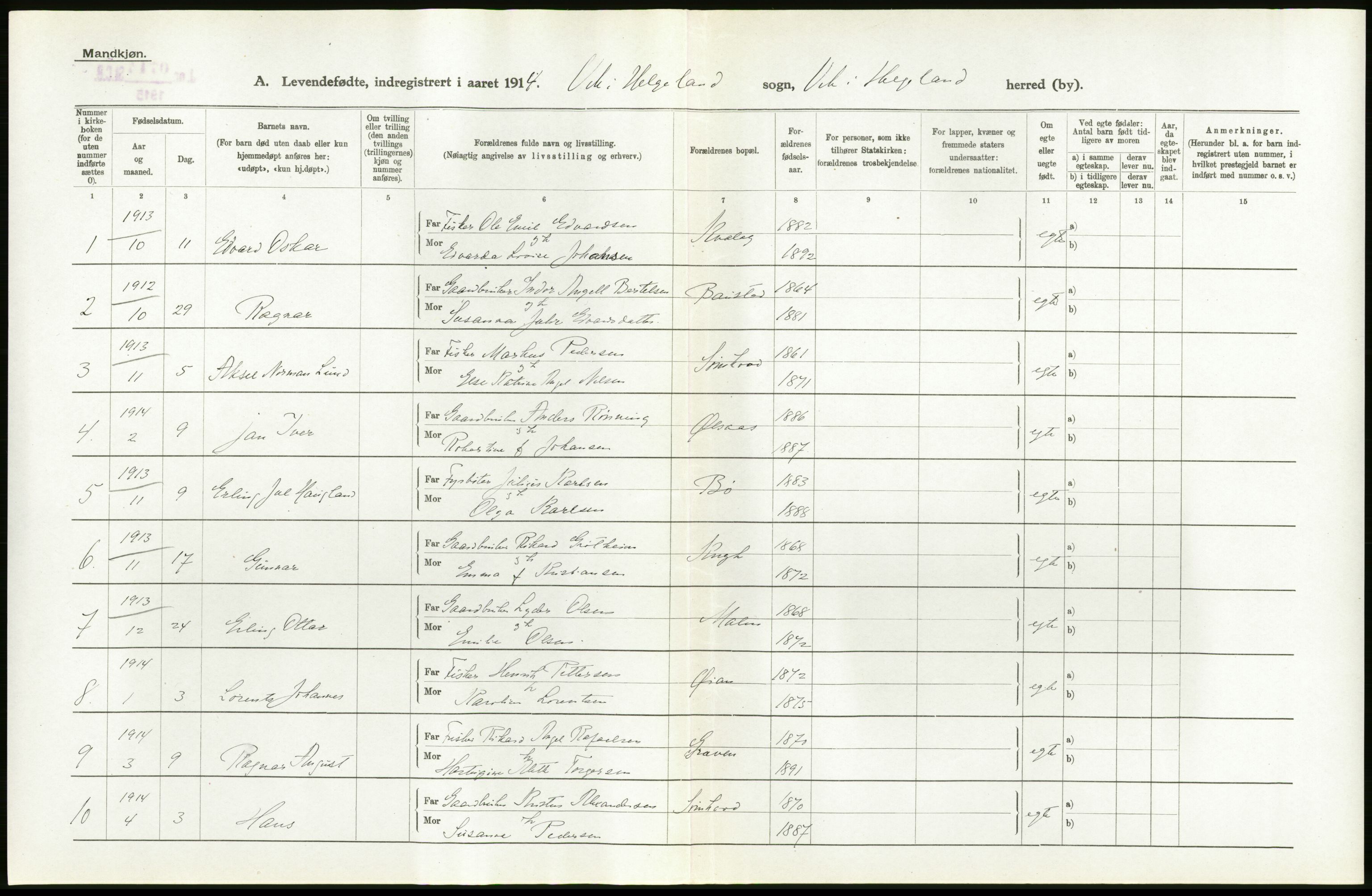 Statistisk sentralbyrå, Sosiodemografiske emner, Befolkning, AV/RA-S-2228/D/Df/Dfb/Dfbd/L0043: Nordlands amt: Levendefødte menn og kvinner. Bygder., 1914, s. 2