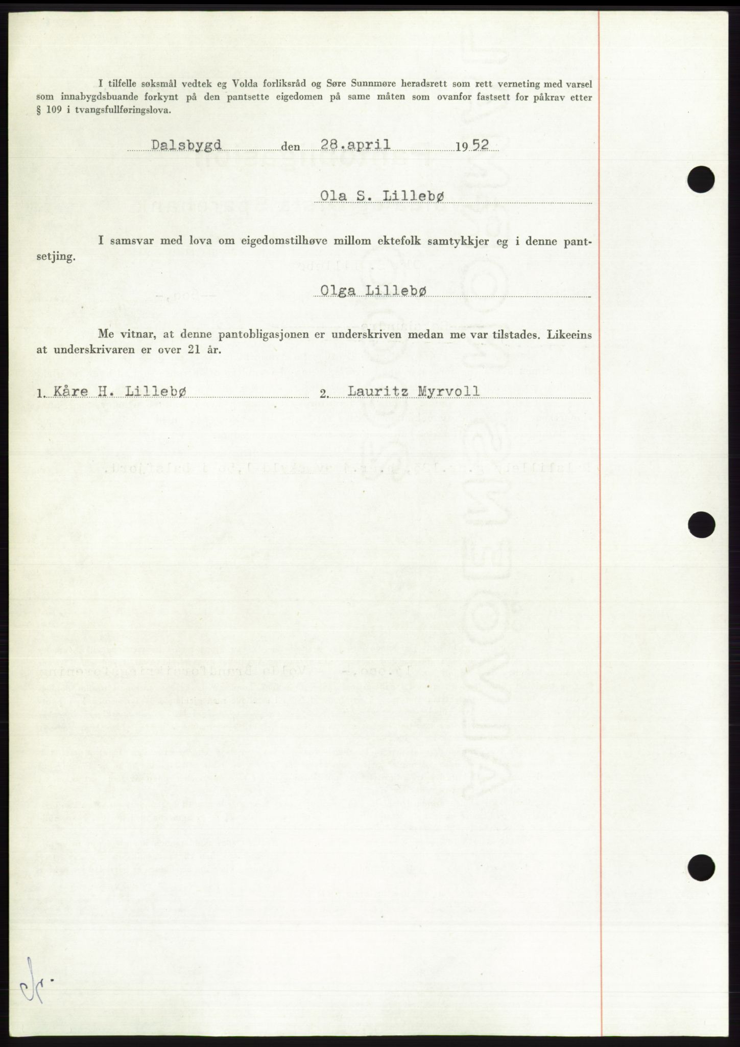Søre Sunnmøre sorenskriveri, AV/SAT-A-4122/1/2/2C/L0121: Pantebok nr. 9B, 1951-1952, Dagboknr: 788/1952