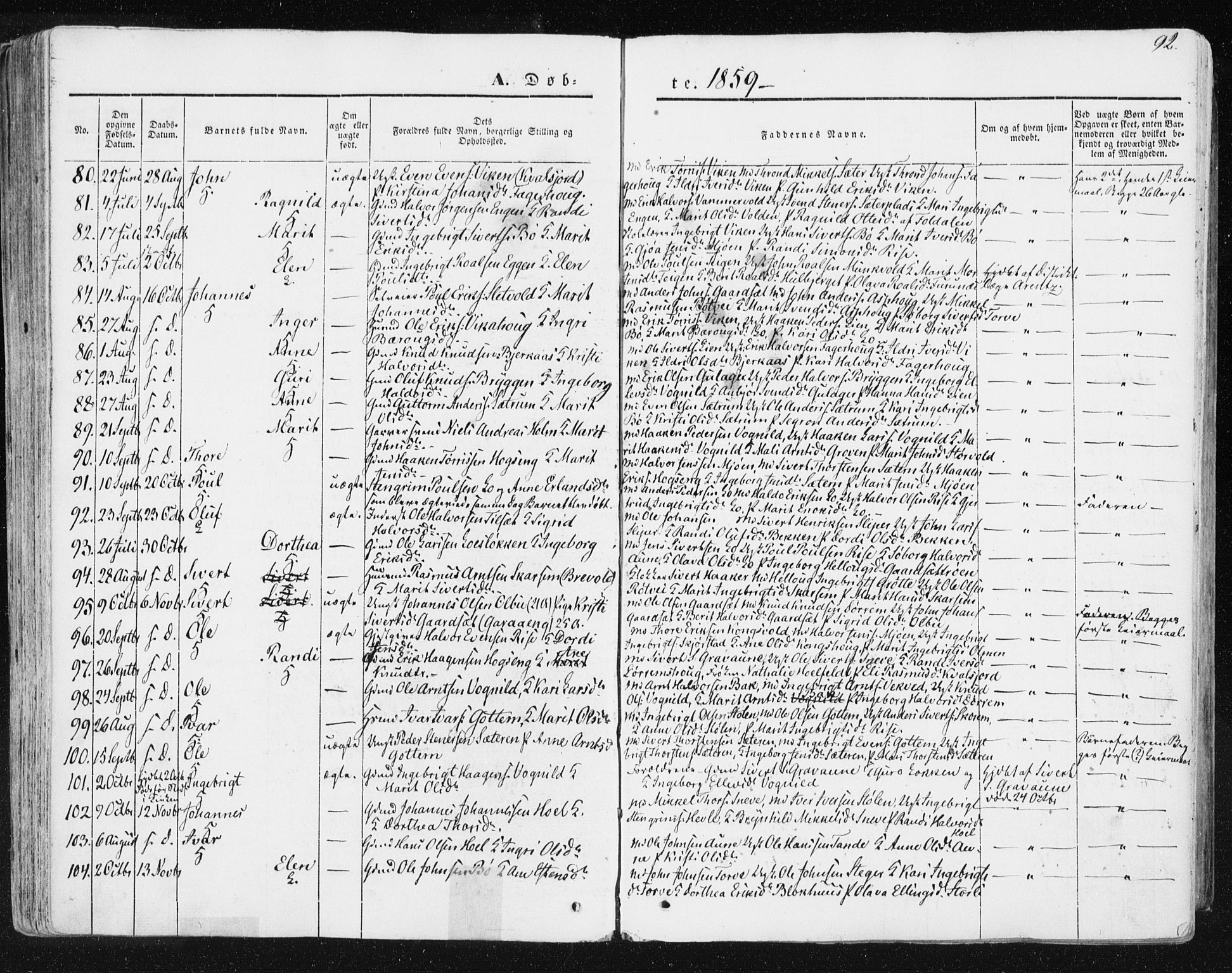 Ministerialprotokoller, klokkerbøker og fødselsregistre - Sør-Trøndelag, SAT/A-1456/678/L0899: Ministerialbok nr. 678A08, 1848-1872, s. 92