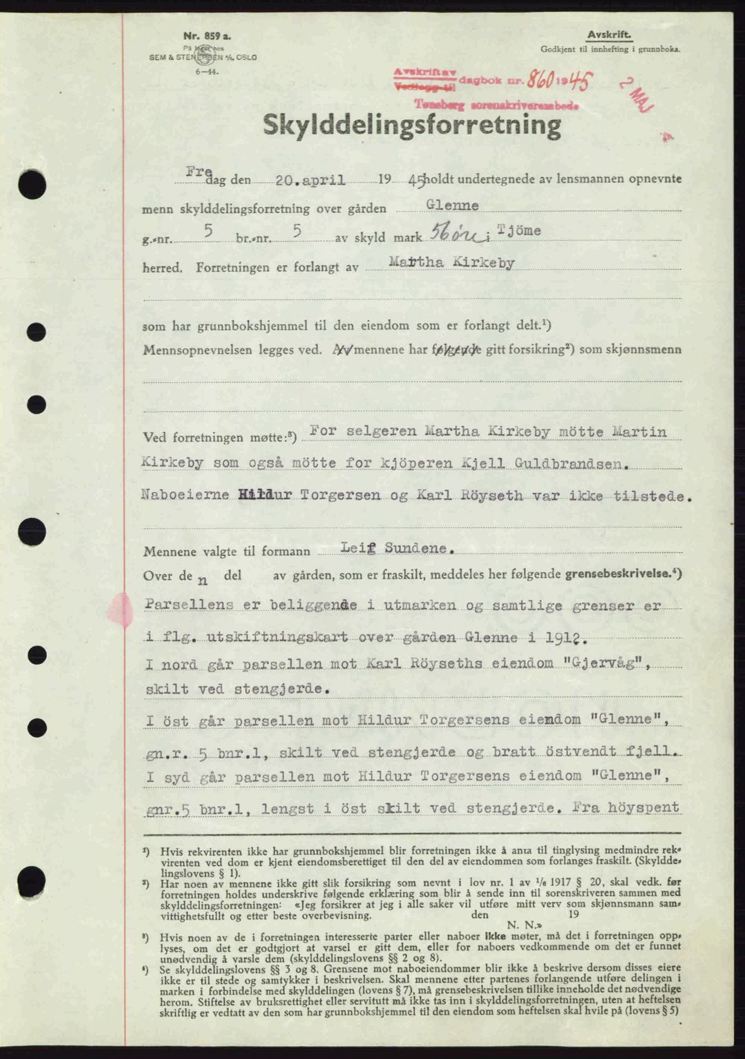 Tønsberg sorenskriveri, AV/SAKO-A-130/G/Ga/Gaa/L0017a: Pantebok nr. A17a, 1945-1945, Dagboknr: 860/1945