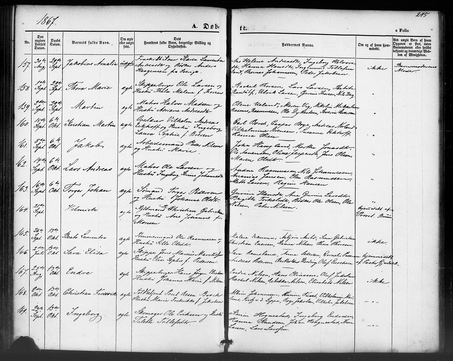 Domkirken sokneprestkontor, AV/SAST-A-101812/001/30/30BB/L0012: Klokkerbok nr. B 12, 1860-1871, s. 245