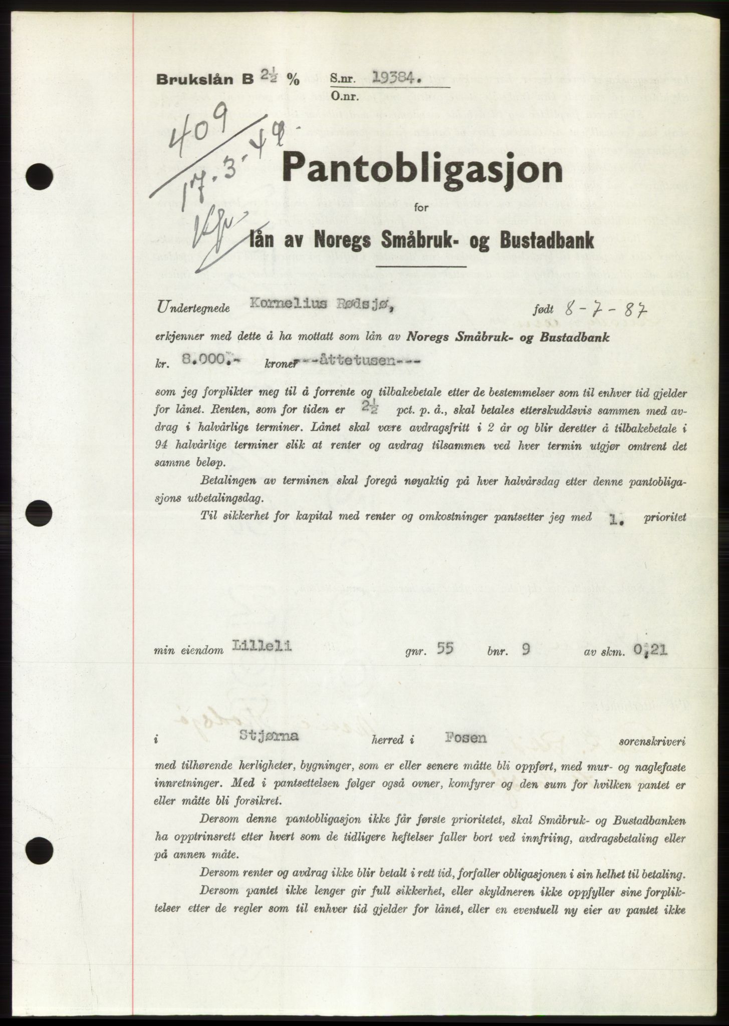 Fosen sorenskriveri, AV/SAT-A-1107/1/2/2C: Pantebok nr. B, 1948-1950, Dagboknr: 409/1949