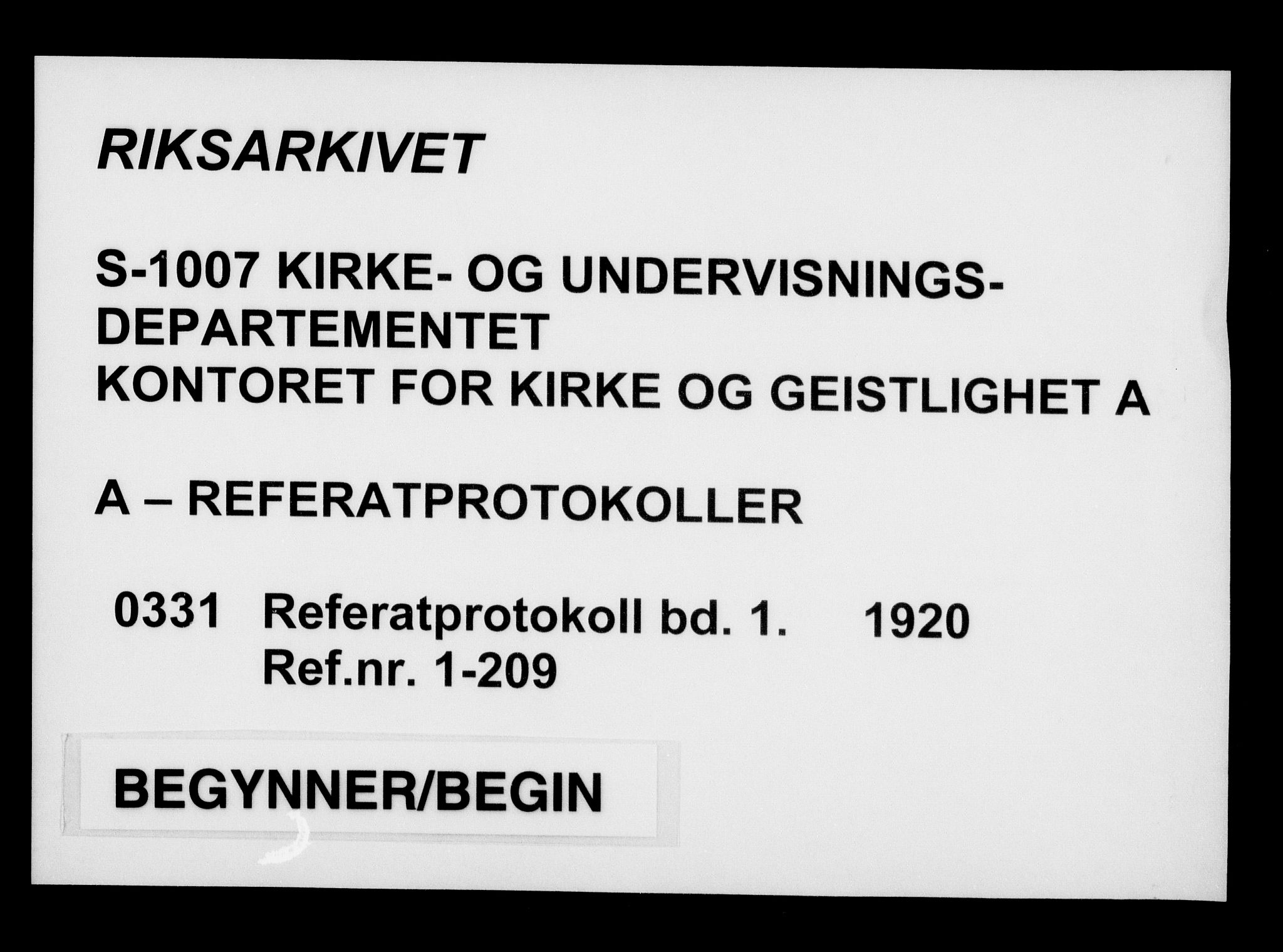 Kirke- og undervisningsdepartementet, Kontoret  for kirke og geistlighet A, AV/RA-S-1007/A/Aa/L0331: Referatprotokoll bd. 1. Ref.nr. 1-209, 1920