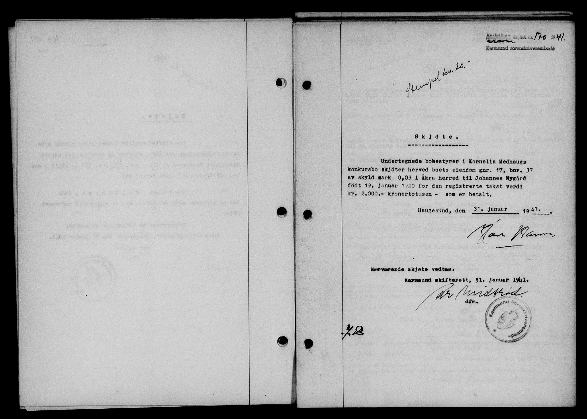 Karmsund sorenskriveri, SAST/A-100311/01/II/IIB/L0074: Pantebok nr. 55A, 1940-1941, Dagboknr: 170/1941